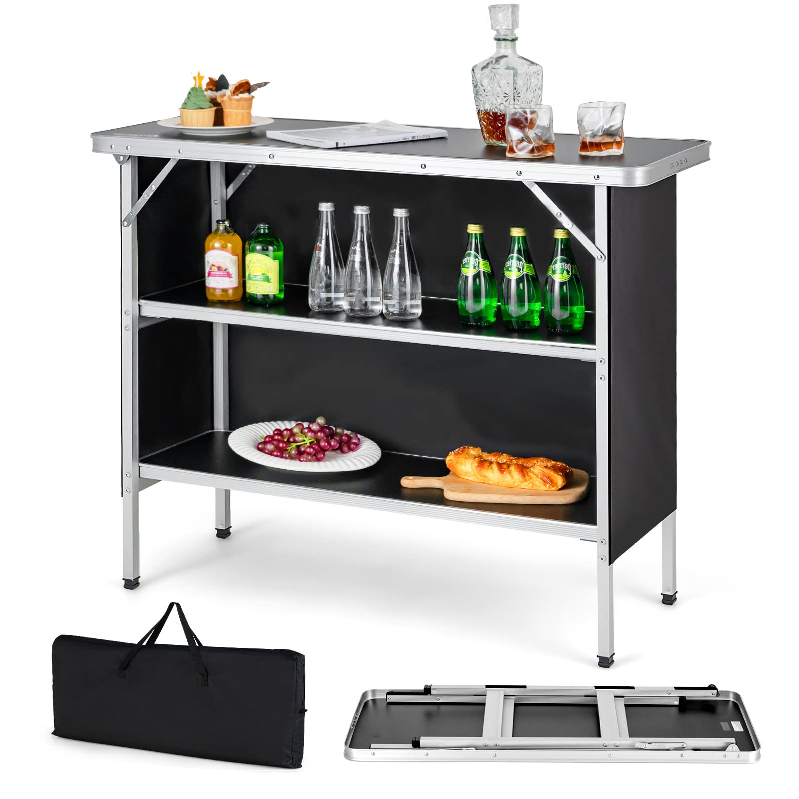 COSTWAY Folding Camping Table - Portable Aluminum Picnic Table with Carry Bag & 2 Shelves - Lightweight Outdoor Dining Table for BBQ, Party, Backyard, Beach, Tailgating & RV Camping (Black)