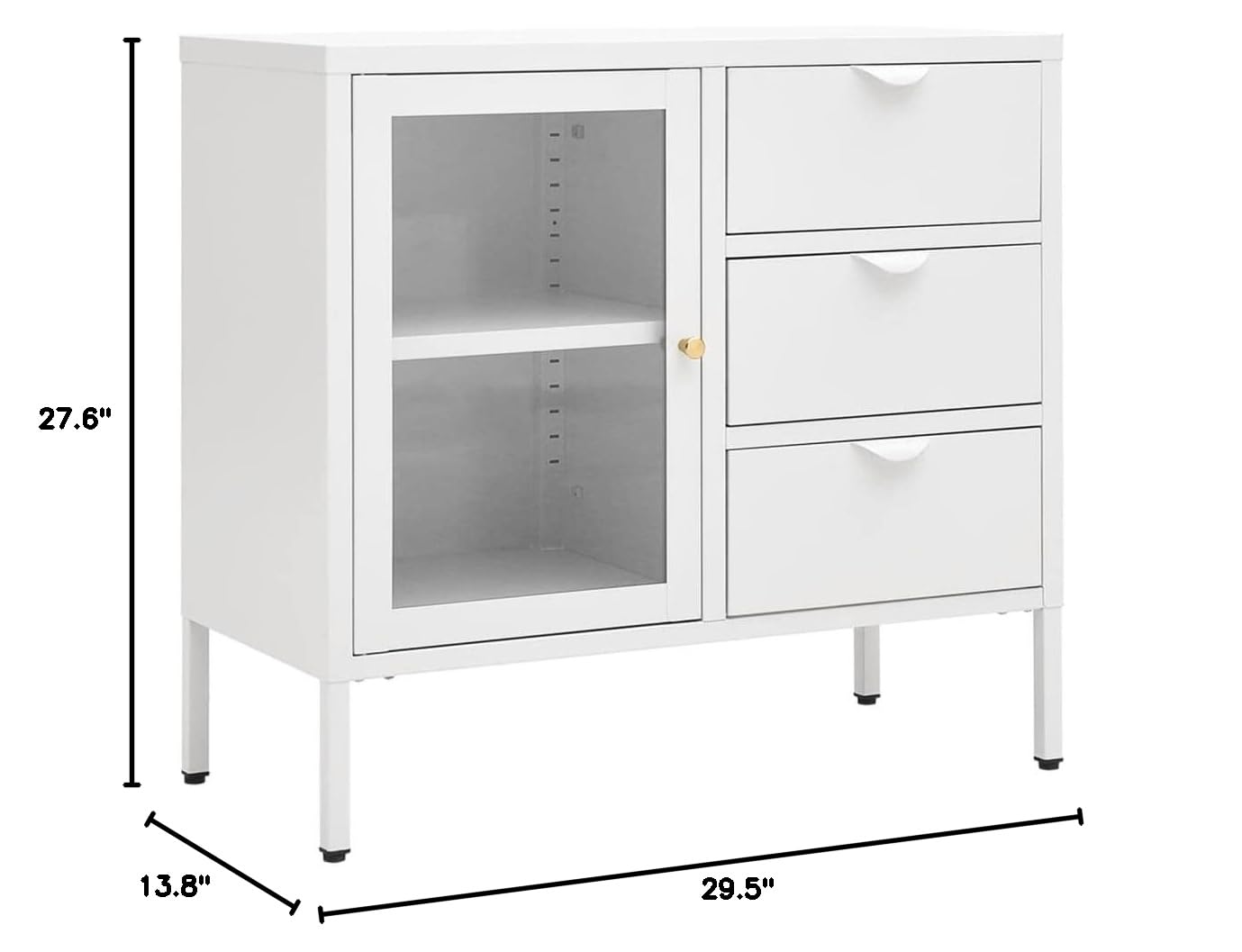 FAMIROSA Modern White Steel Sideboard Cabinet with 3 Drawers & Adjustable Shelf - 29.5