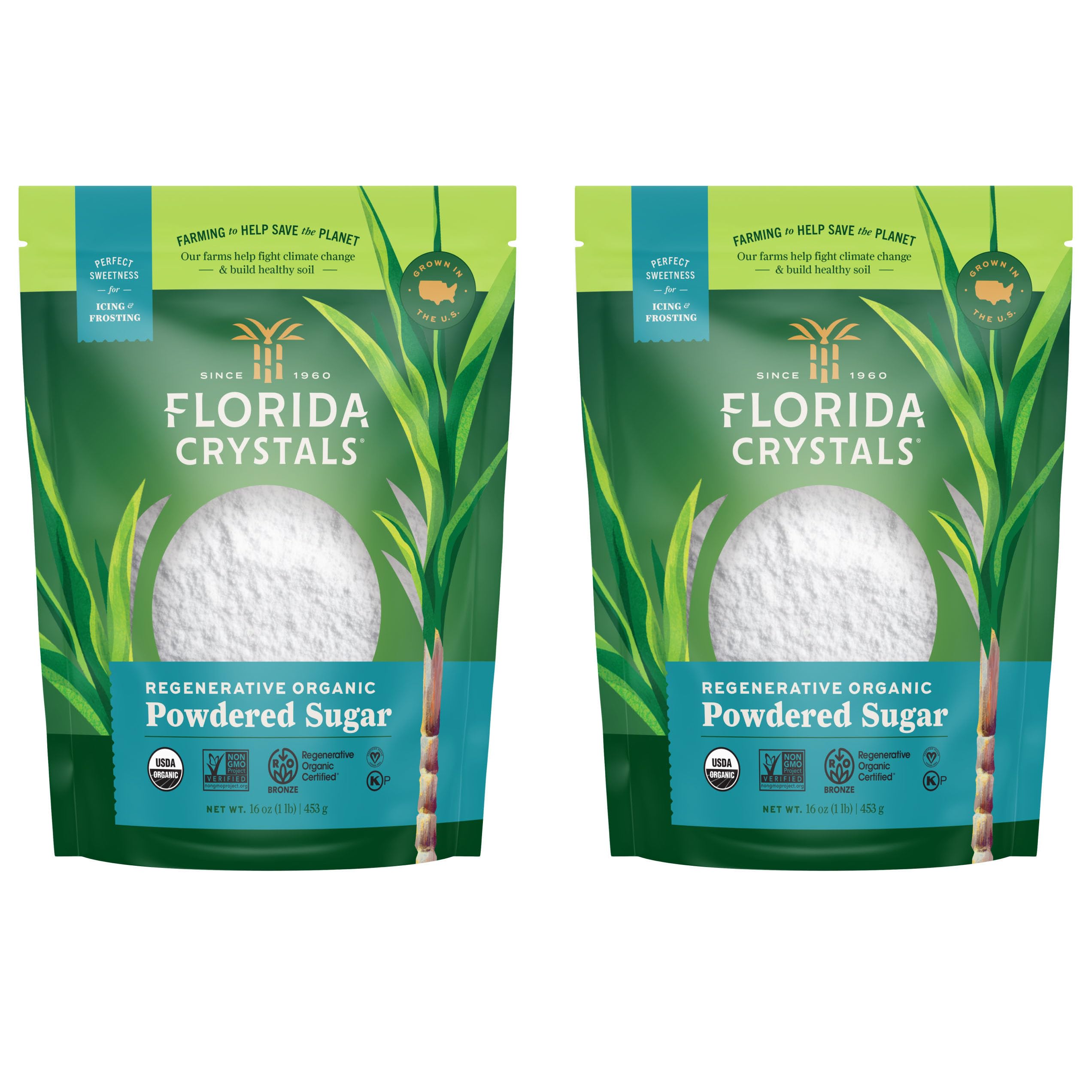 Florida Crystals Organic Regenerative Organic Powdered Sugar - 16 oz (1 lb) Pack of 2 | Non-GMO, Vegan Baking Sweetener for Cakes, Cookies & Desserts | Eco-Friendly & Sustainably Grown
