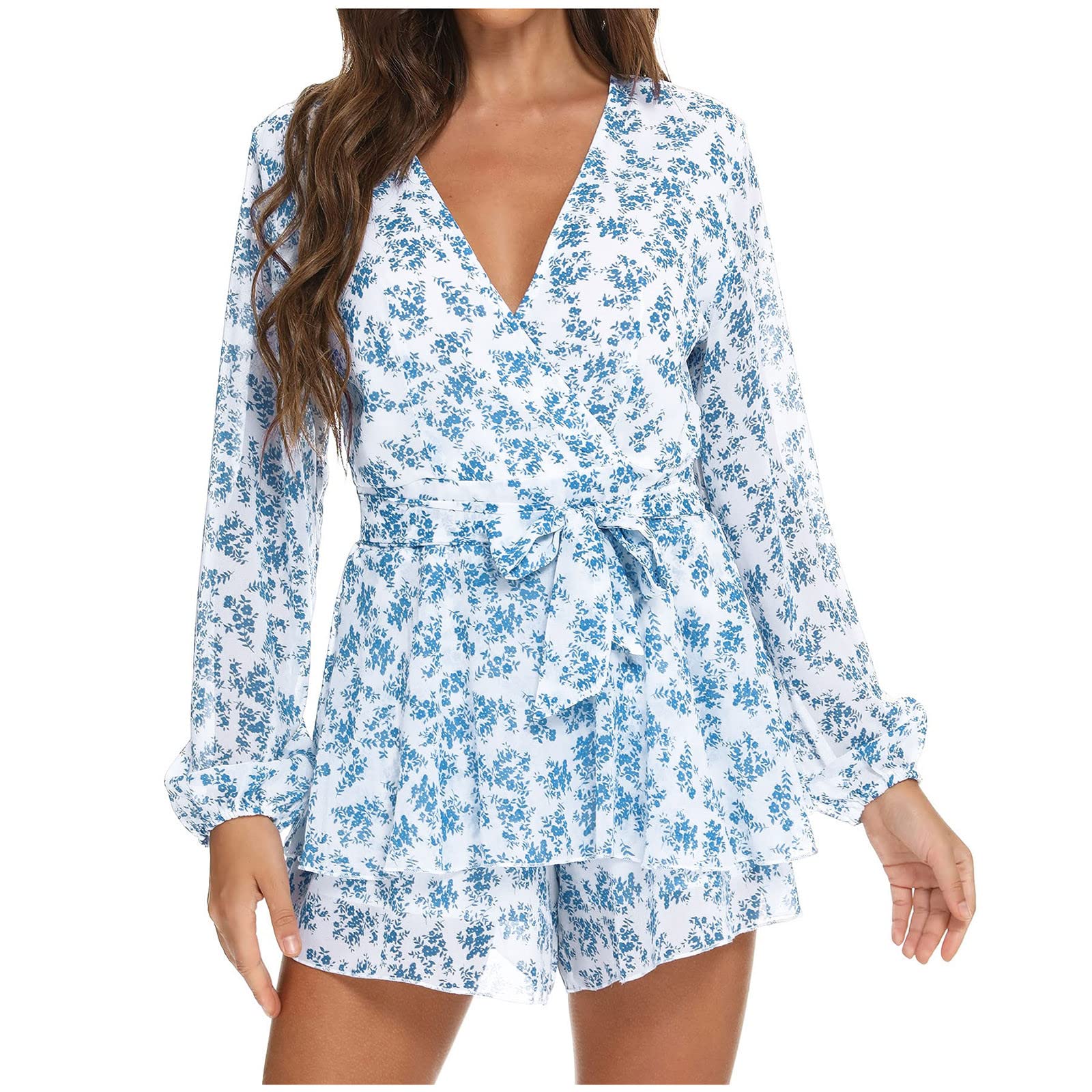 Sexy Low Cut Bandage Peplum Chiffon Beach Jumpsuit for Women - Floral V-Neck Long Sleeve One Piece Overalls | Perfect for Summer Vacations, Beach Parties & Date Nights