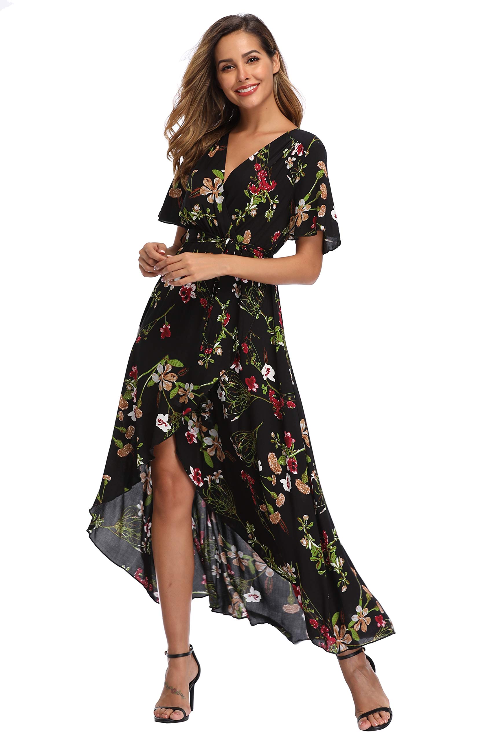 Vintage Floral Wrap Dress for Women - V Neck High Low Maxi Summer Dress | Boho Chic Casual Outfit for Beach, Vacation & Date Night