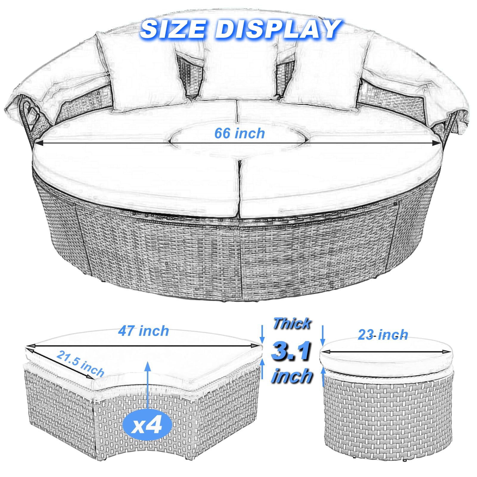 5-Piece Waterproof Round Daybed Cushion Covers with Zipper - 66