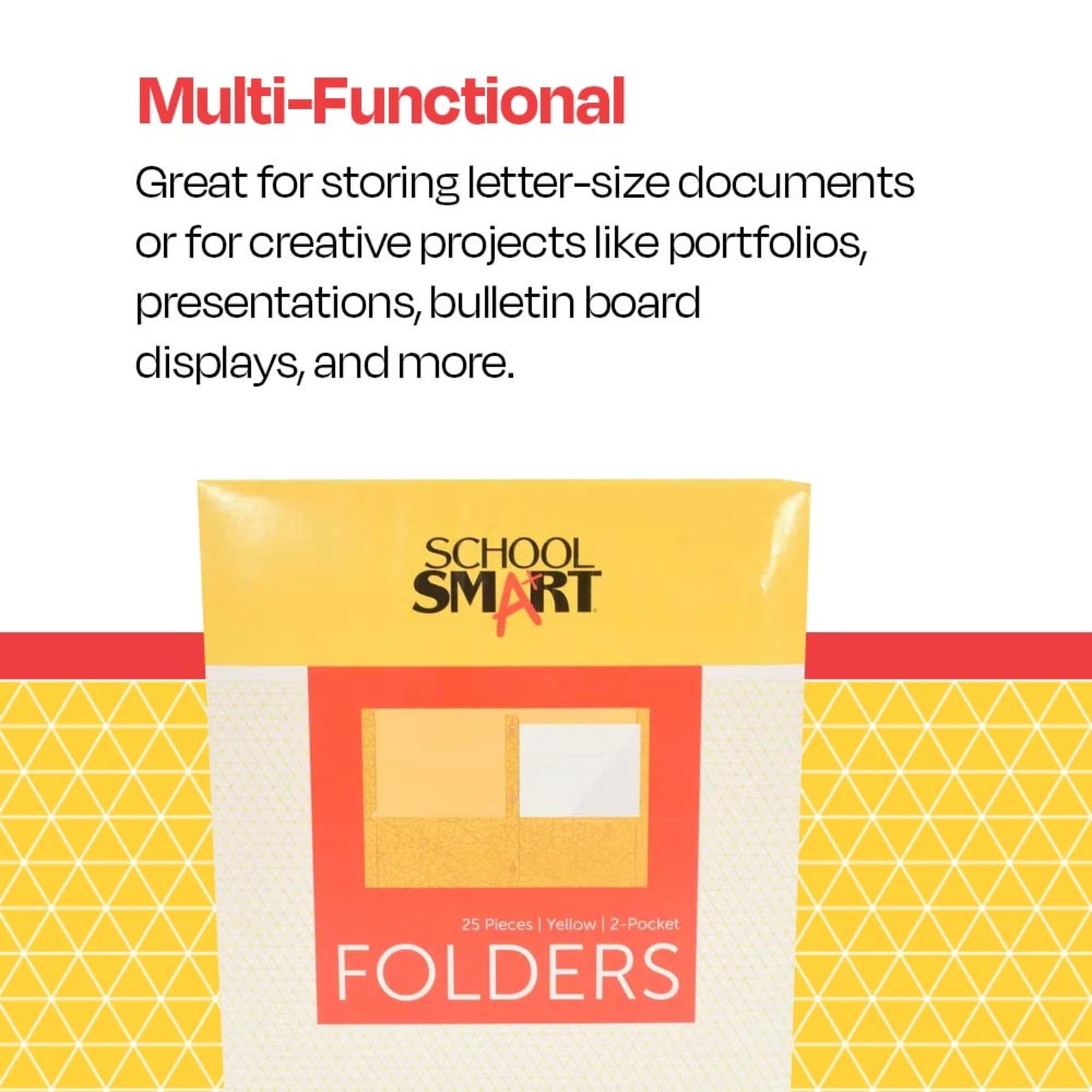 School Smart 2-Pocket Folders with Fasteners - Yellow, Pack of 25 | Durable School & Office Supplies for Organizing Papers, Homework & Documents