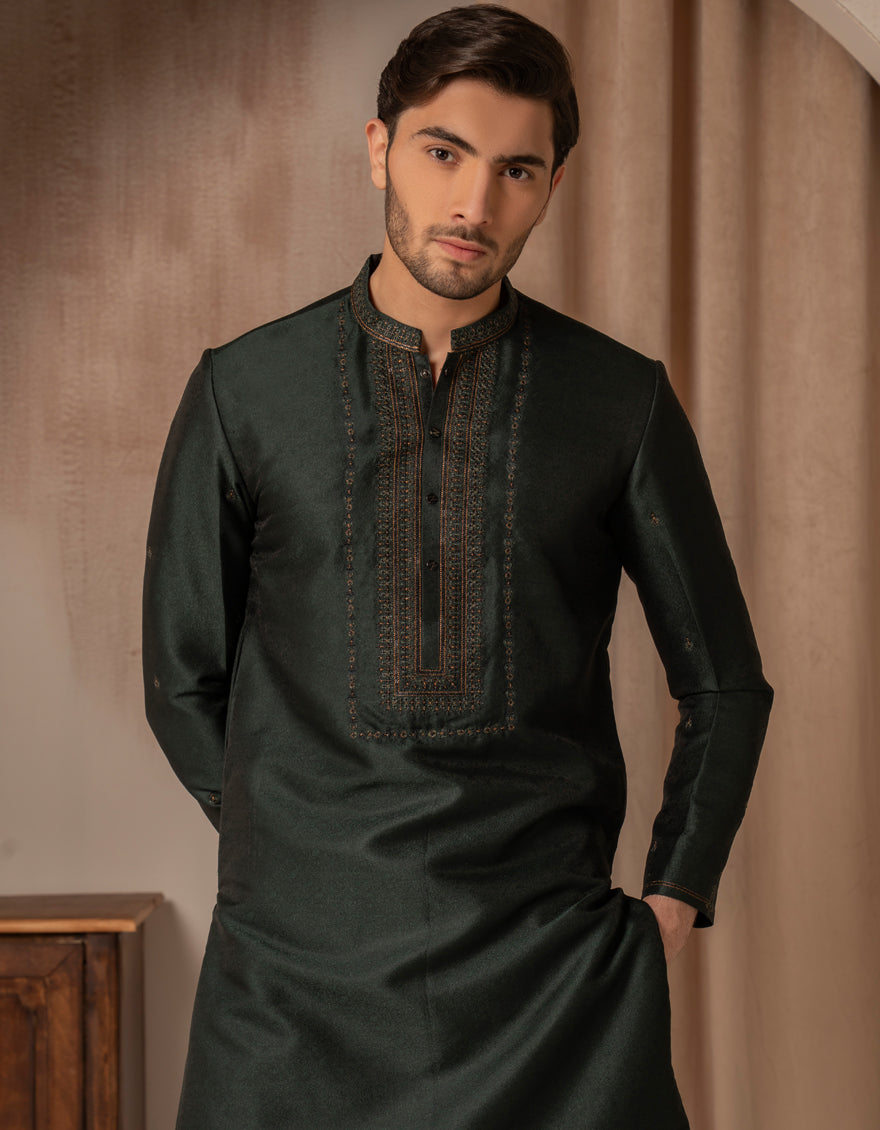 Blended Emerald Green Special Kurta by J. Junaid Jamshed - Elegant Pakistani Traditional Wear for Festivals, Weddings & Special Occasions