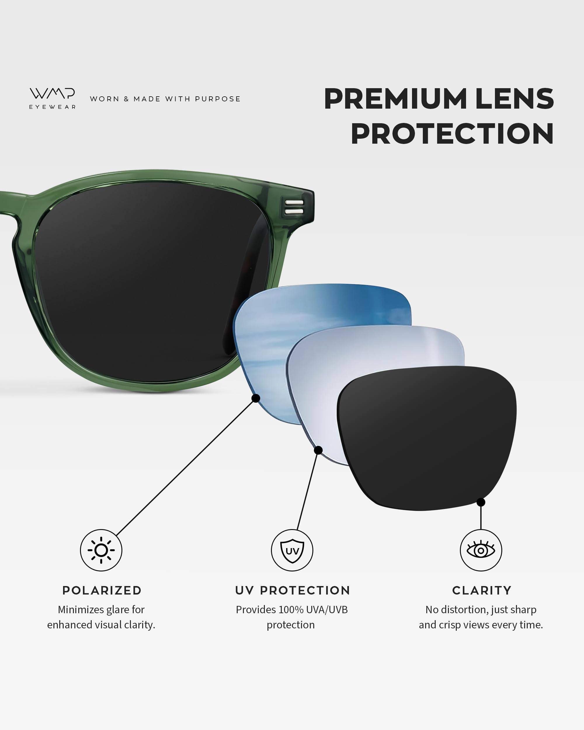 WMP Eyewear - Polarized Square Sunglasses for Men, UV Protection, Lightweight & Stylish - Perfect for Driving, Outdoor Sports & Beach Activities