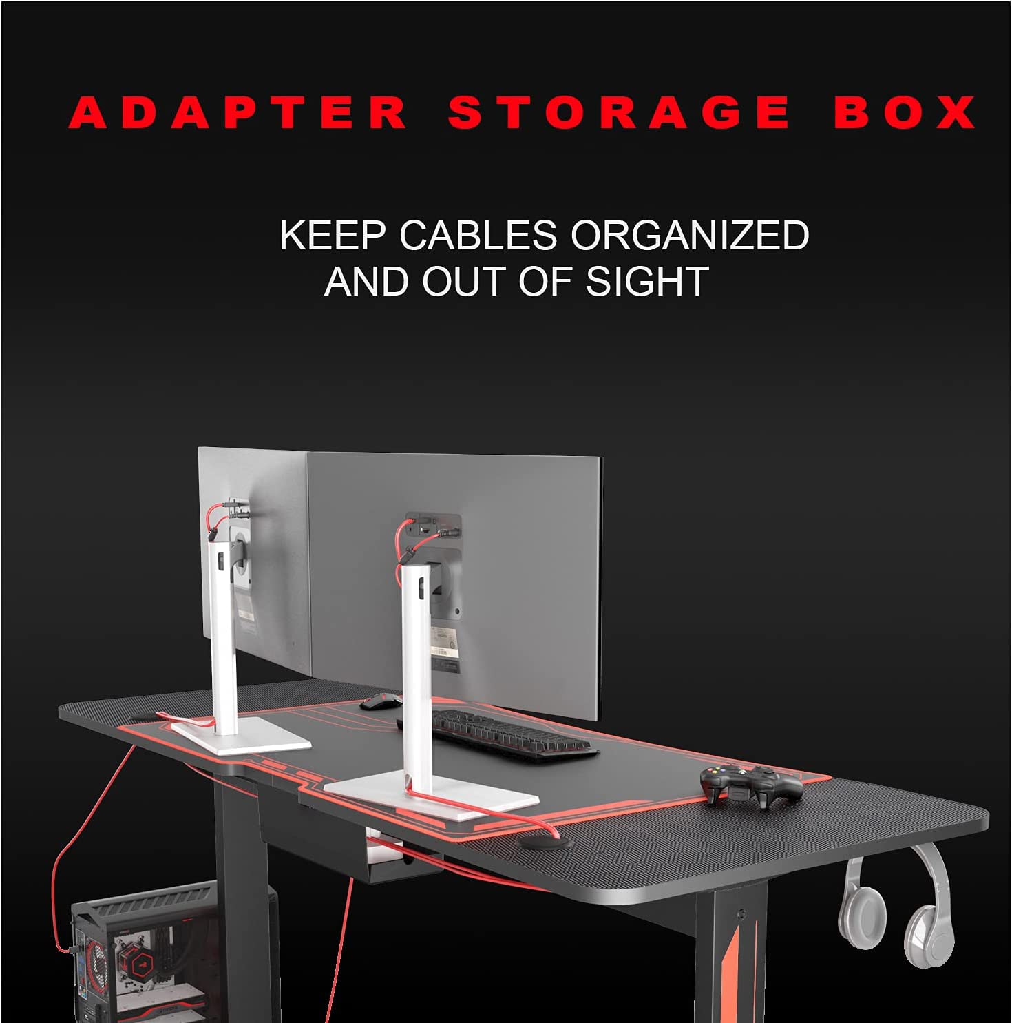 Sleepmax 63 Inch Gaming Desk - Heavy Duty Computer Table with Carbon Fiber Surface & Large Mouse Pad - Black PC Gaming Desk with Cup Holder & Headphone Hook - Perfect for Esports, Streaming & Home Office Setup