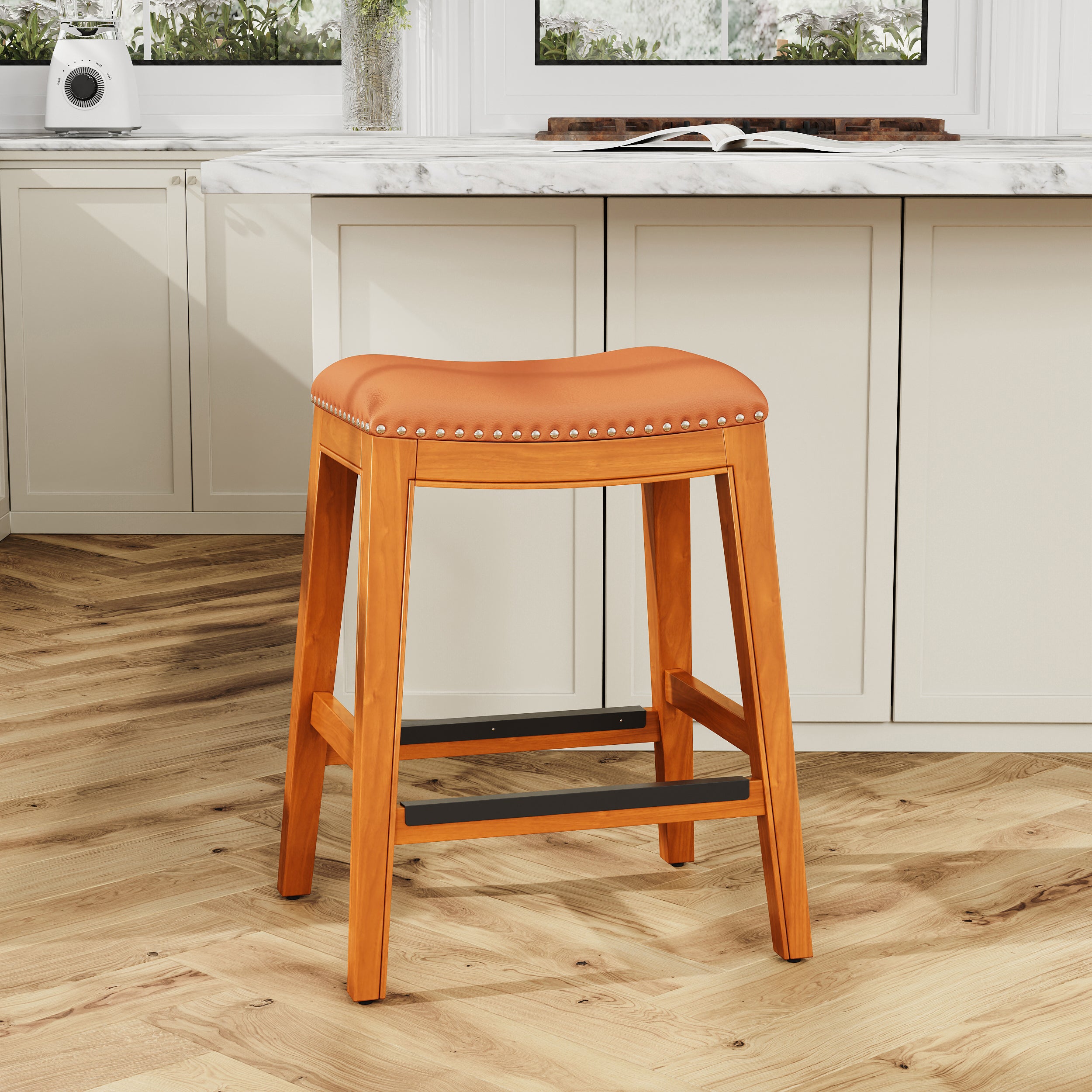 24 Inch Counter Stool with Saddle Leather Seat - Natural Wood Finish Bar Stool for Kitchen Island, Breakfast Nook & Home Bar Decor