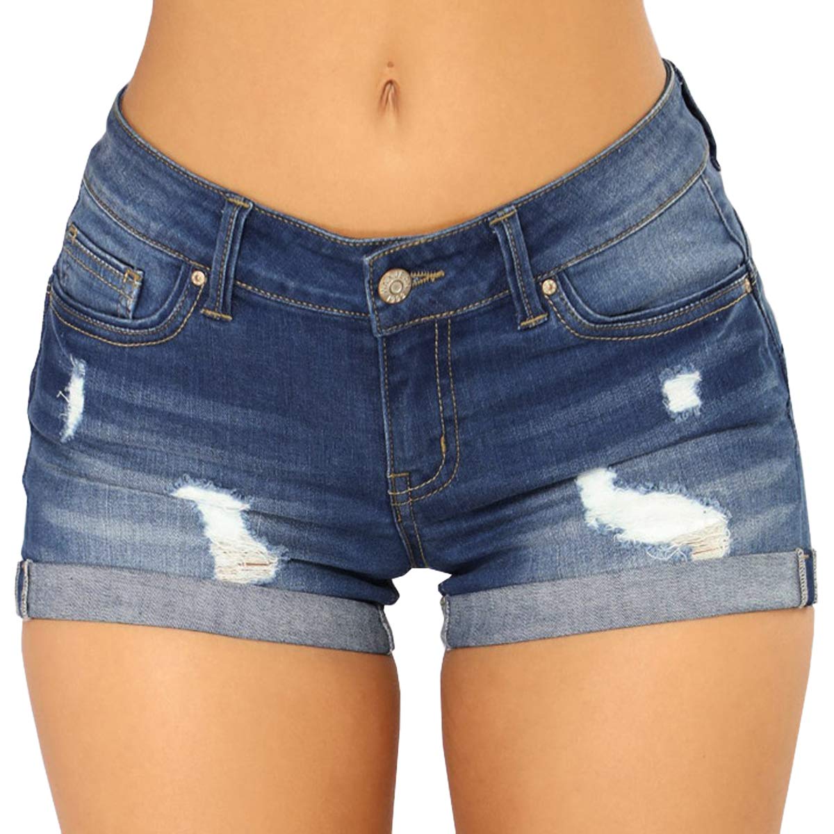 Vanberfia Women's Stretchy Denim Mid Rise Jean Shorts with Pockets - Comfortable High Waist Denim Shorts for Summer, Casual Wear, Beach & Vacation Outfits
