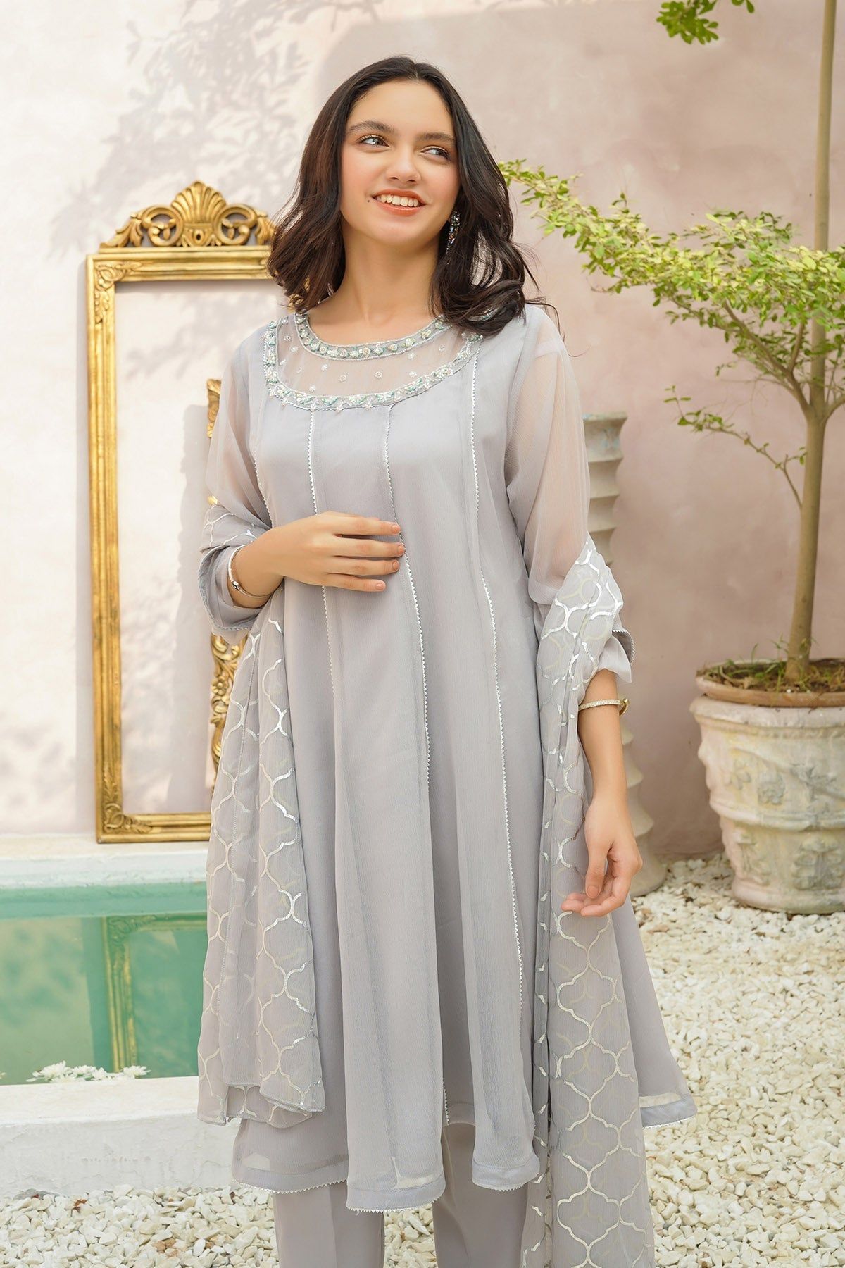 Chiffon Hand Adda Grey 3 Piece Stitched Suit - Elegant Indian Ethnic Wear for Women | Perfect for Weddings, Parties & Festive Occasions