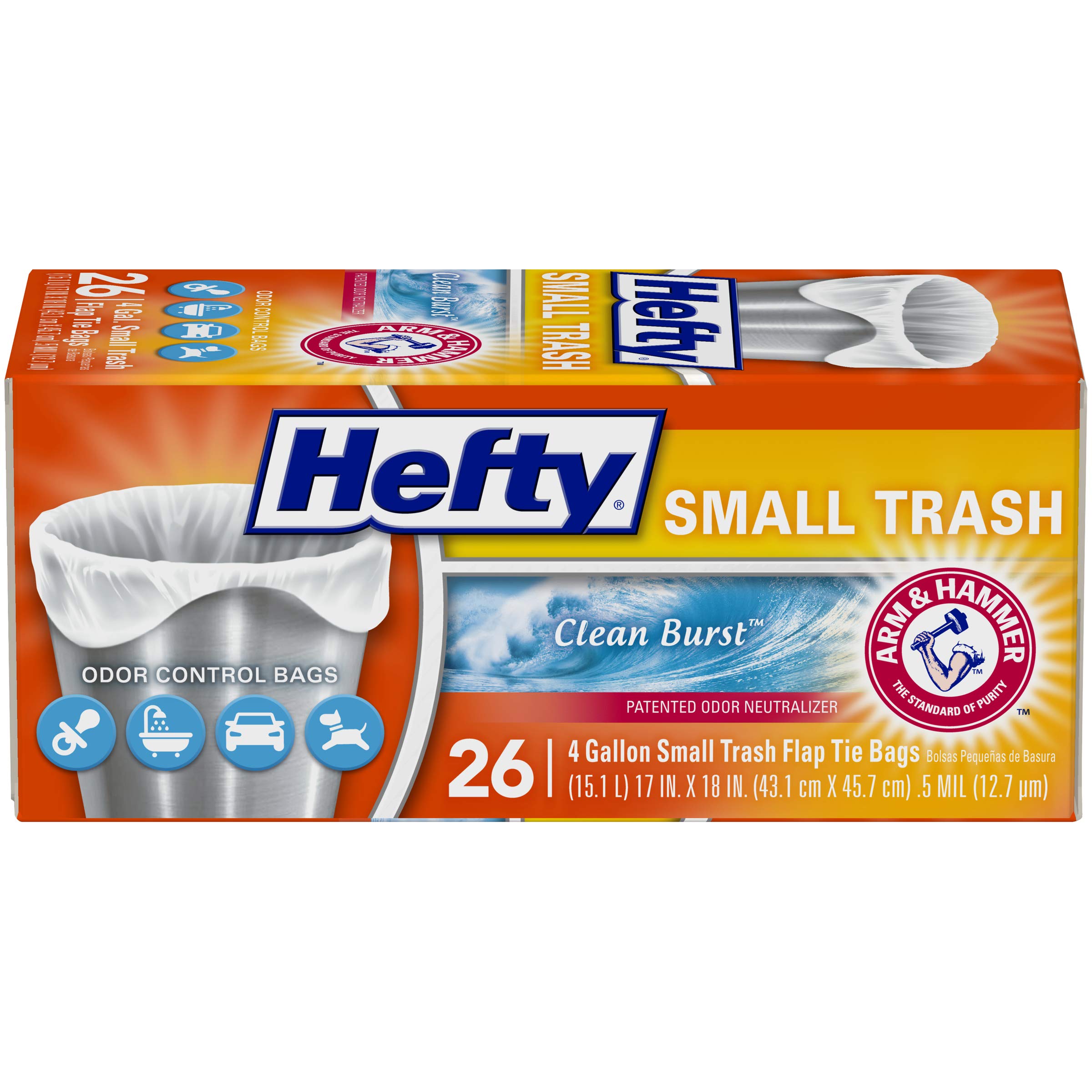 Hefty Small 4 Gallon Flap Tie Garbage Bags - 26 Count, Clean Burst Scent | Perfect for Office, Bathroom & Small Trash Cans