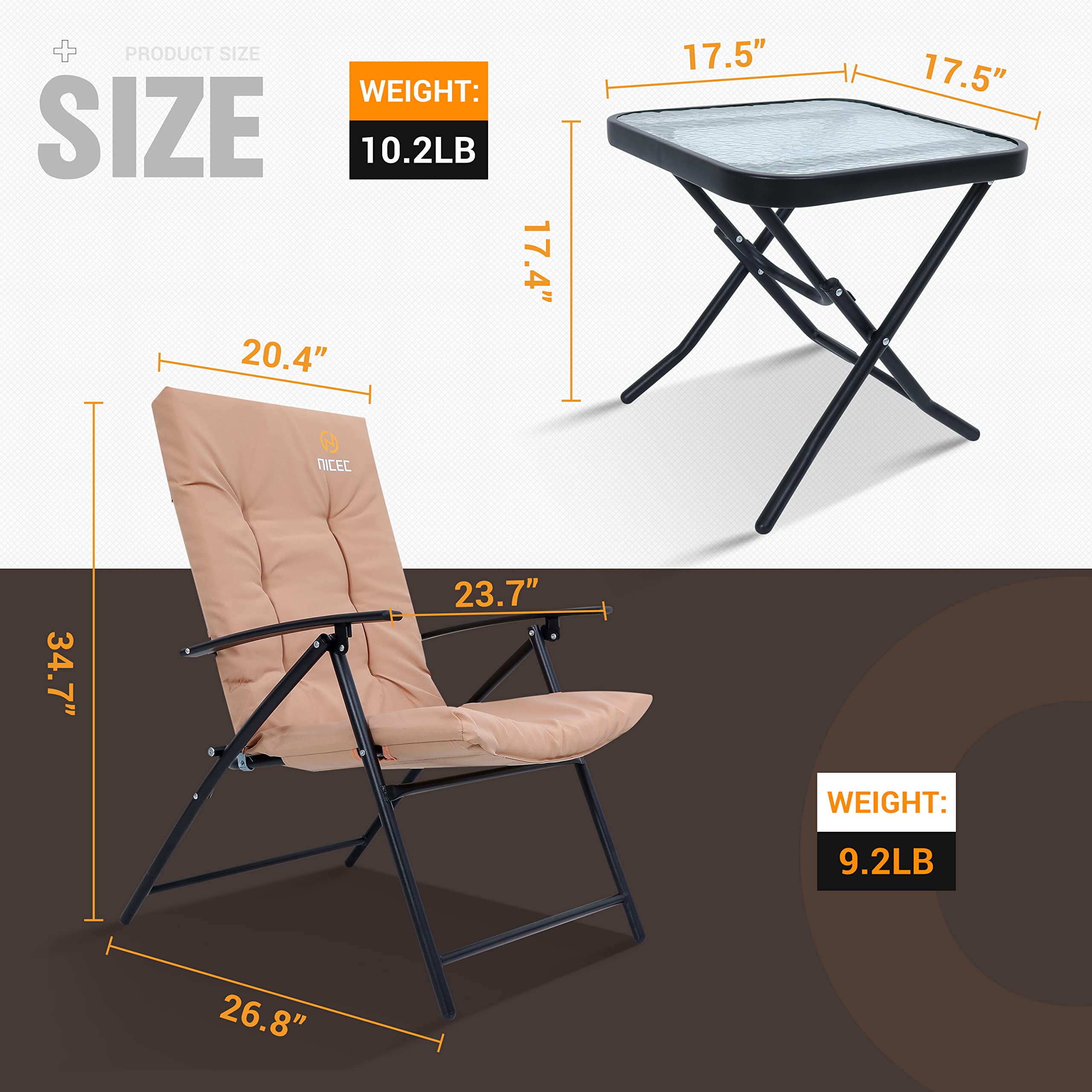 Outdoor Patio Bistro Set with Glass Table & 2 Folding Chairs - 3 Piece Nude Color Garden Furniture for Balcony, Deck or Backyard Dining