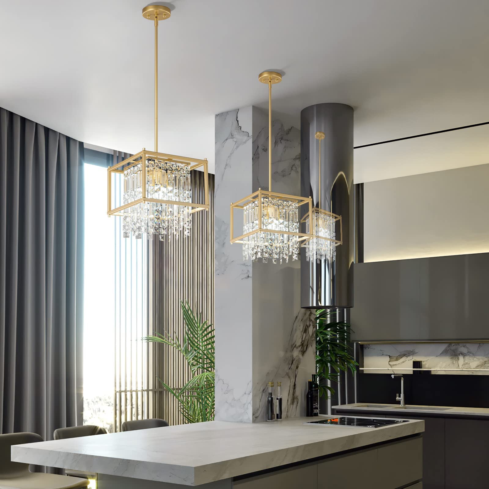 LMQNINE 4-Light Square Industrial Farmhouse Chandelier - 11.81 Inch Gold Metal Crystal Pendant Light Fixture for Dining Room, Kitchen Island, Living Room - Perfect for Flat & Inclined Ceilings | Modern Farmhouse Decor & Rustic Home Lighting