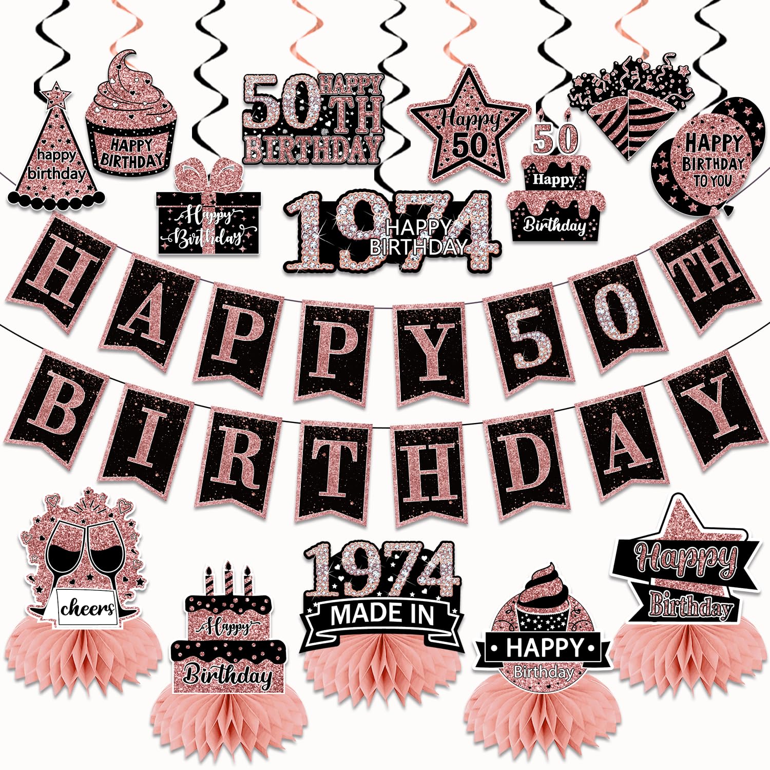 50th Birthday Party Decorations for Women - Black & Rose Gold Theme Includes Happy Birthday Banner, Hanging Swirls & Honeycomb Centerpieces - Perfect for Milestone Birthday Celebrations, Retirement Parties & Special Occasions