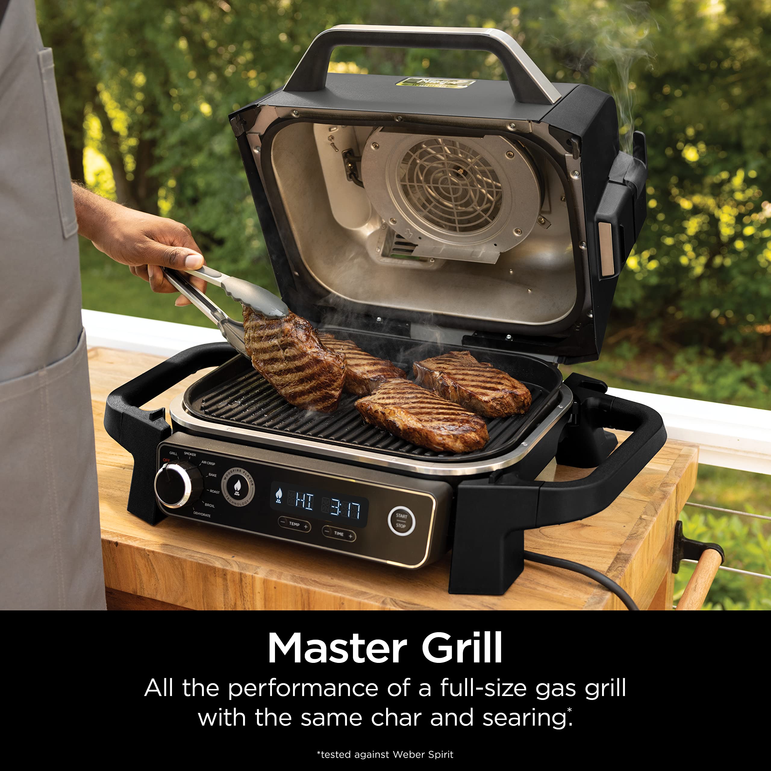 Ninja Woodfire Pro 7-in-1 Electric Outdoor Grill & Smoker with Thermometer - Portable BBQ Smoker, Air Fryer, Oven for Baking, Roasting, Dehydrating & Broiling - Includes Ninja Woodfire Pellets (Grey, OG751BRN) - Perfect for Backyard BBQs, Camping & Outdoor Cooking