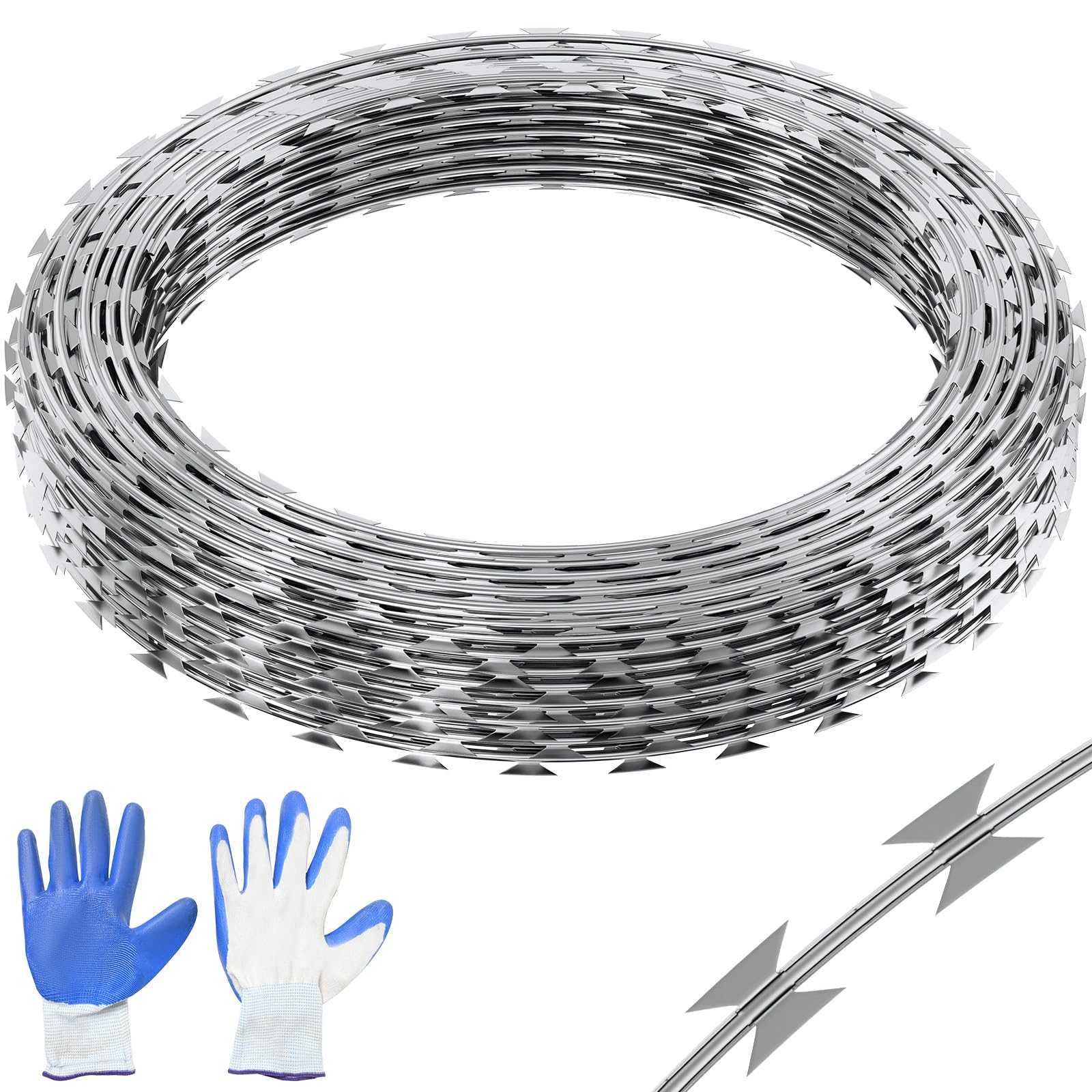 VEVOR 147ft Galvanized Steel Razor Barbed Wire Fence - 3 Coils (49ft Per Roll) for Garden Security & Property Protection | Heavy Duty Razor Ribbon Fencing for Home, Farm & Perimeter Defense
