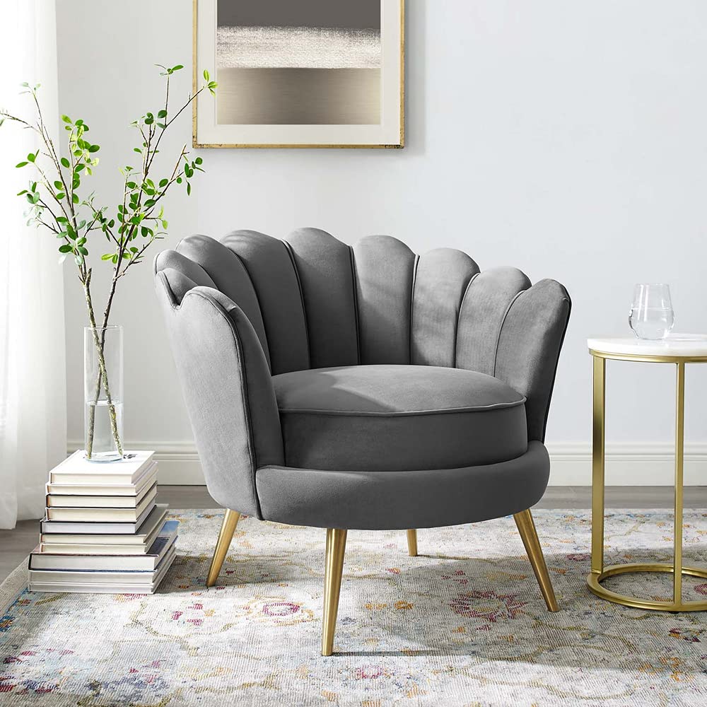 Modway Admire Scalloped Edge Performance Velvet Accent Lounge Arm Chair - Gray Velvet Upholstered Living Room Chair for Home Office, Bedroom & Reading Nook