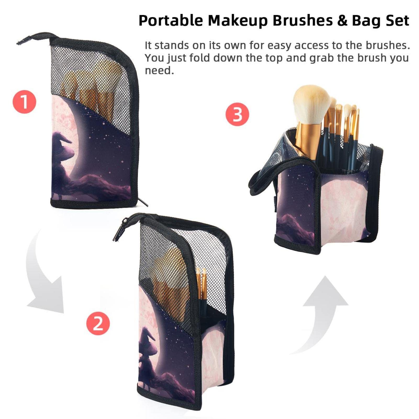 12-Piece Makeup Brush Organizer Bag - Full Moon Night Owl Witch Design, Portable Cosmetic Brush Holder Case for Travel & Home Storage
