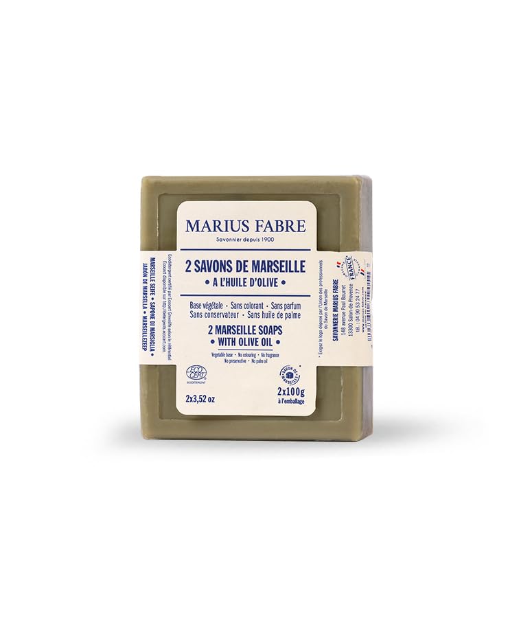 Marius Fabre Marseille Soap 2-Pack (2 x 100g/3.53oz) - Natural Extra Pure Vegetable Oil Soap Bar for Face & Body - Gentle Cleansing for All Skin Types - Perfect for Sensitive Skin, Daily Hygiene & Eco-Friendly Bath Routine