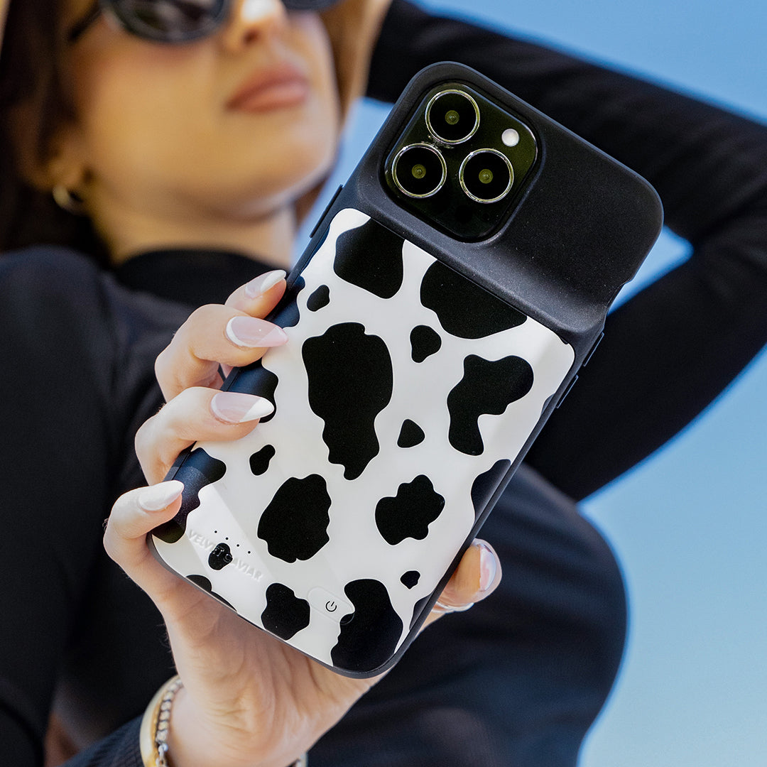 Premium Cow Print iPhone Charging Case - Portable Battery Pack for iPhone 12/13/14 Pro Max - Cute Animal Design Protective Phone Cover (Perfect for Travel, Work & Everyday Use)