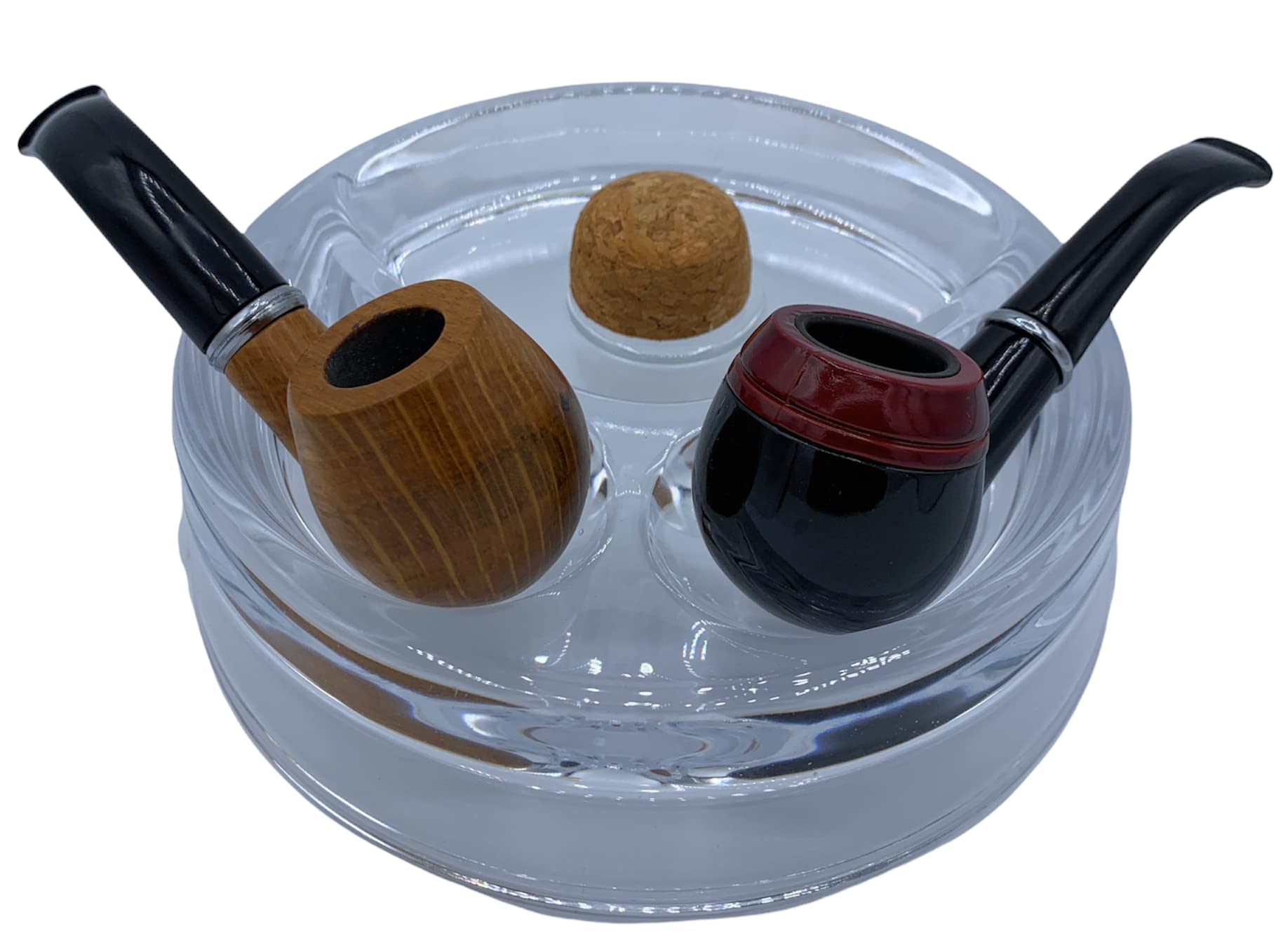 Premium Heavy Glass Tobacco Pipe Ashtray with Cork Knocker & 2 Pipe Stands - 6.5