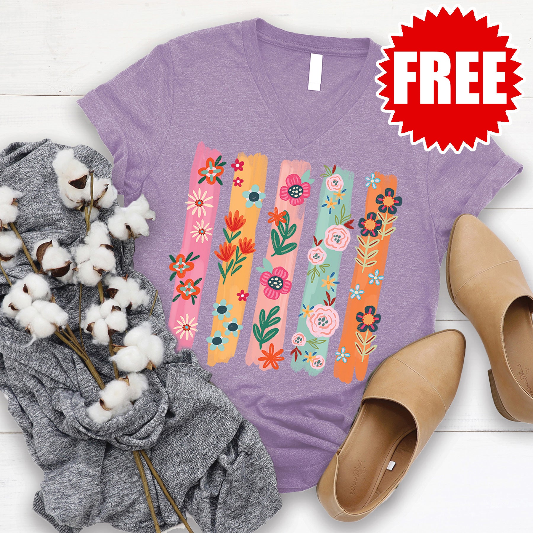 Doodle Flowers V Neck T-Shirt for Women - Soft Heather Plum Casual Top for Everyday Wear | Perfect for Outings, Dates, and Relaxing at Home