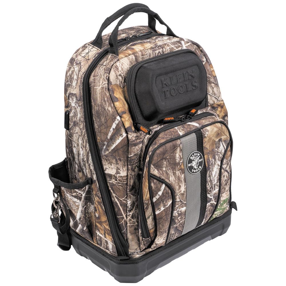 Klein Tools 62800BPCAMO Tradesman Pro Extra-Large 40-Pocket Camo Tool Backpack with Molded Bottom & Charging Port - Durable Jobsite Backpack for Electricians, Contractors & DIY Projects