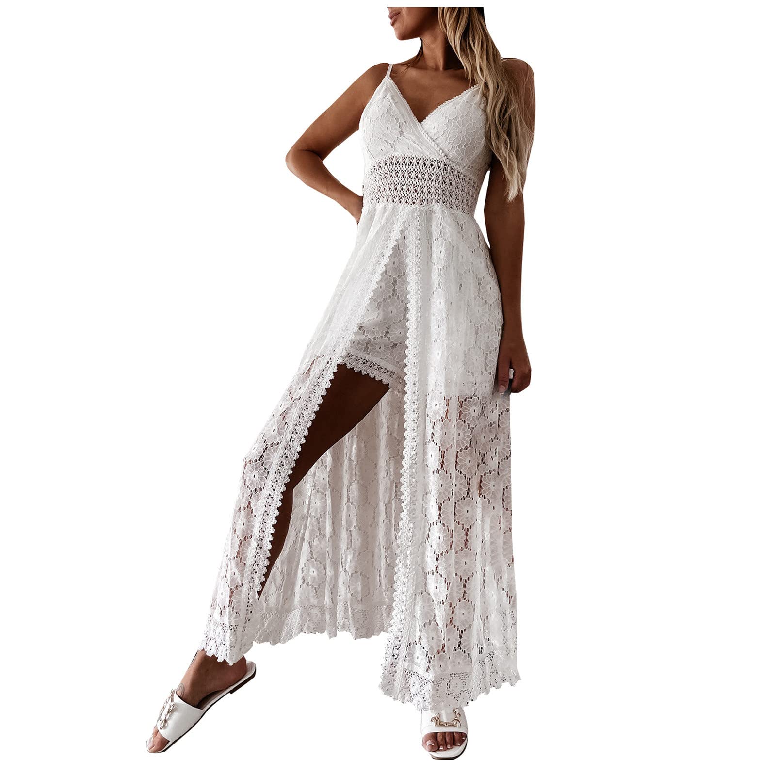 BFAFEN Women's Summer Beach Romper - Spaghetti Strap V-Neck Jumpsuit with Lace-Up Detail & Hollow Out Design | Perfect for Beach Vacations, Pool Parties & Summer Outings