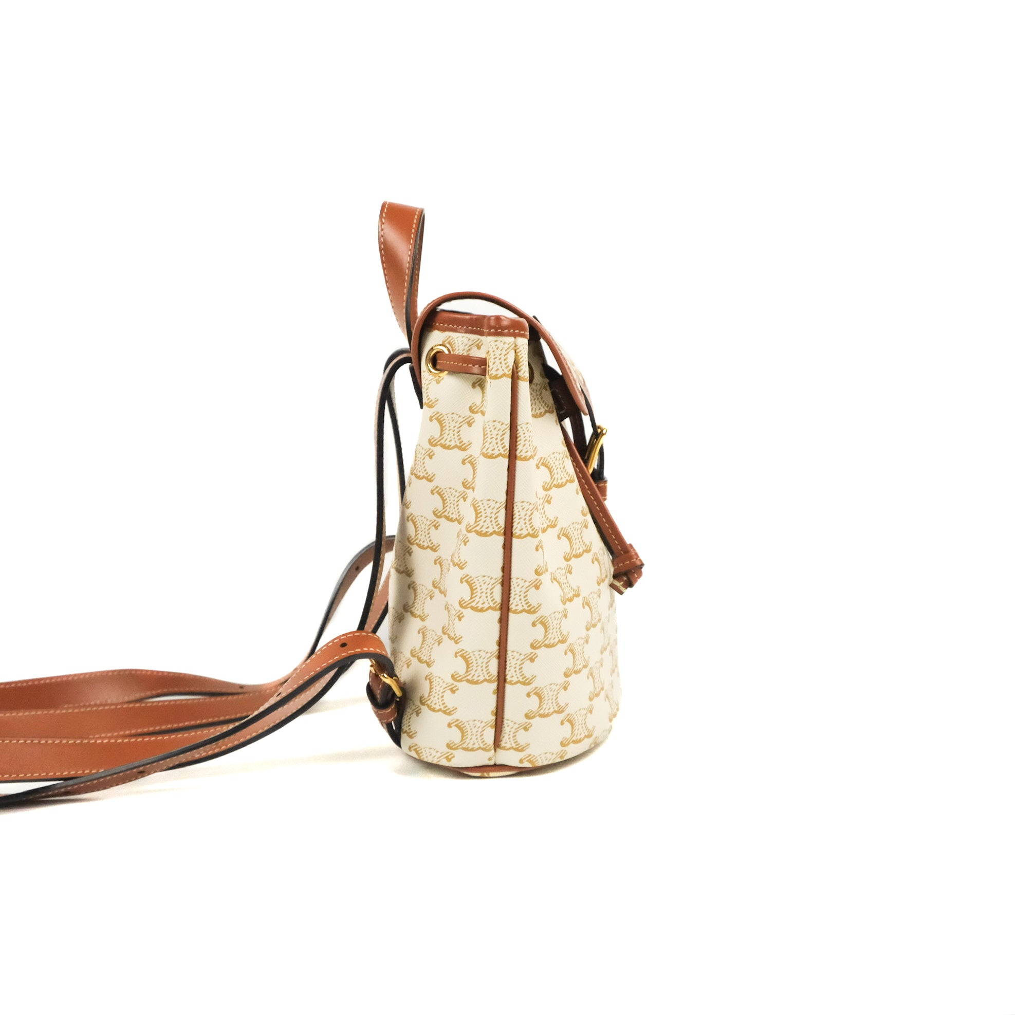 Celine Mini Floco Backpack in Triomphe Canvas - White & Tan Calfskin Leather | Stylish Luxury Backpack for Women, Travel & Everyday Use