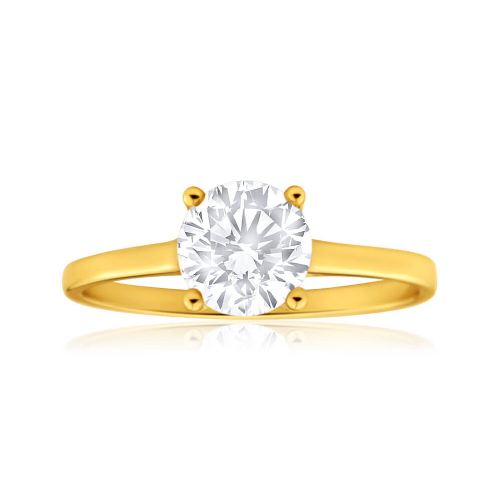 9ct Yellow Gold 6mm Brilliant Cut Cubic Zirconia 4 Prong Ring - Elegant Jewelry for Women, Perfect for Weddings, Anniversaries & Special Occasions