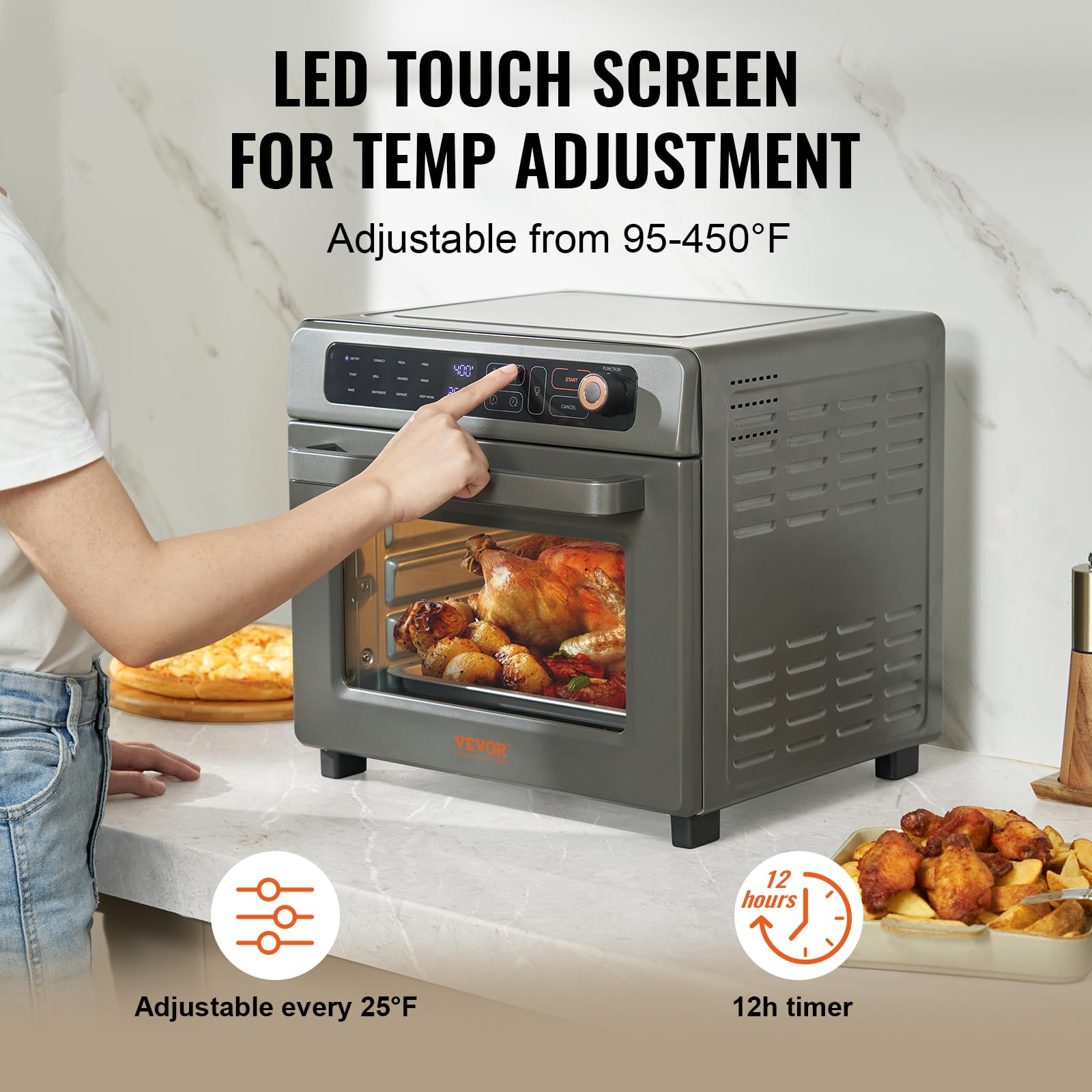 VEVOR 12-in-1 Air Fryer Toaster Oven Combo, 25L Large Capacity Convection Oven with Grill & Pizza Pan, 1700W Stainless Steel Countertop Toaster for 12 Slices Toast & 12-inch Pizza - Perfect for Home Kitchen, Small Restaurant & Commercial Use