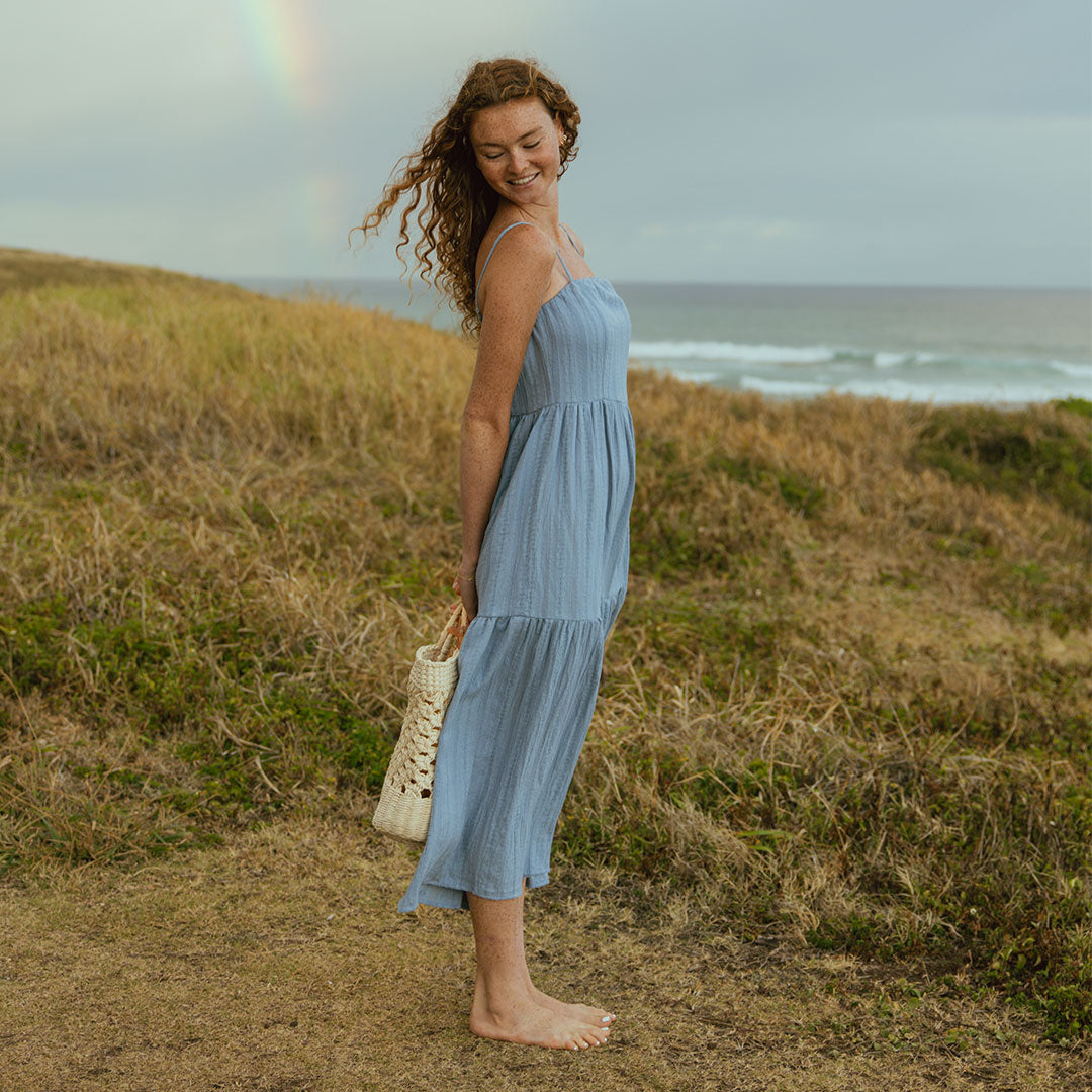 Elegant Cabo Midi Dress in Dusk Blue - Perfect for Beach Vacations, Summer Parties & Casual Outings