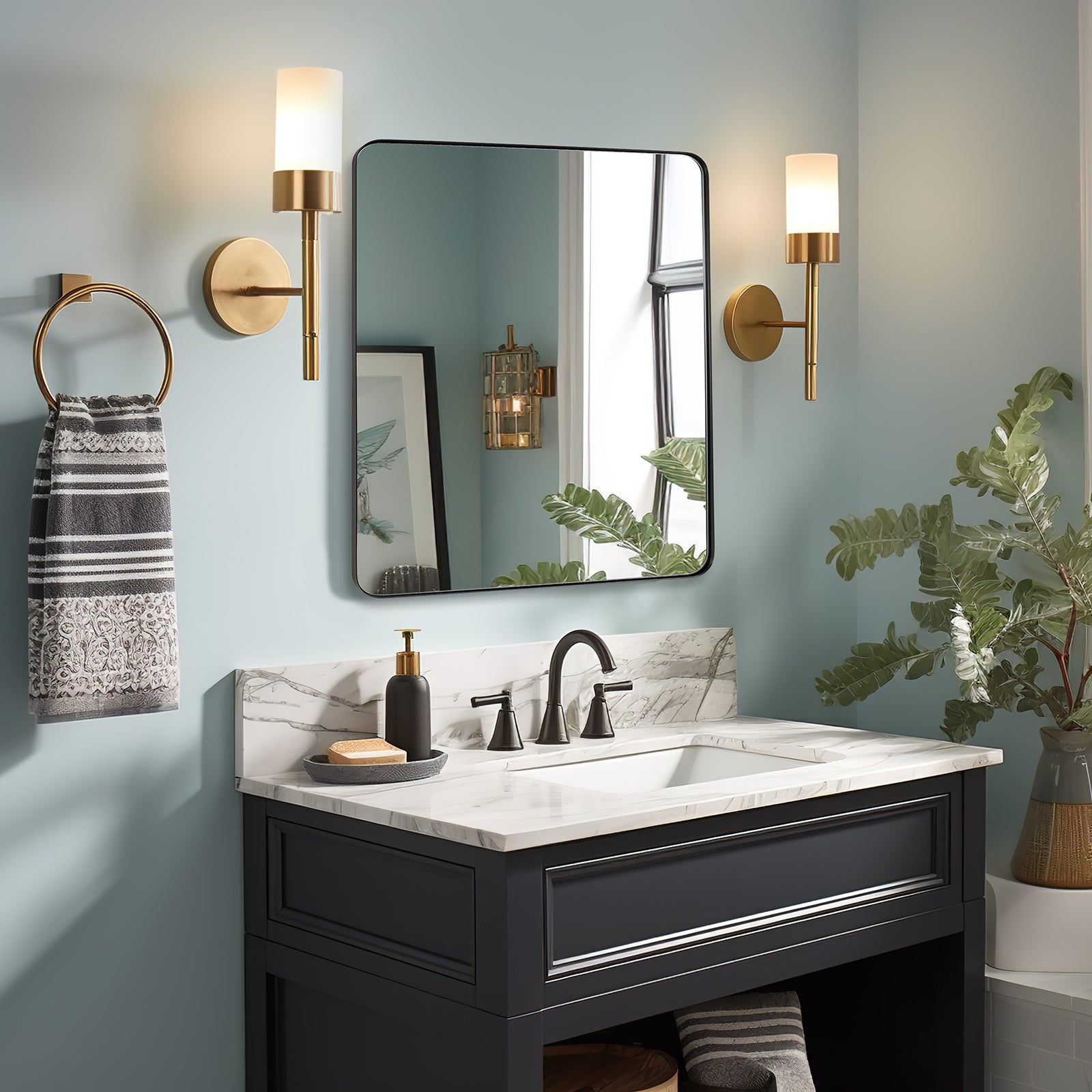 ANDY STAR 24x24 Inch Square Bathroom Mirror with Stainless Steel Frame - Modern Wall Decor for Vanity, Makeup, and Home Decoration - Perfect for Bathrooms, Bedrooms, and Living Spaces