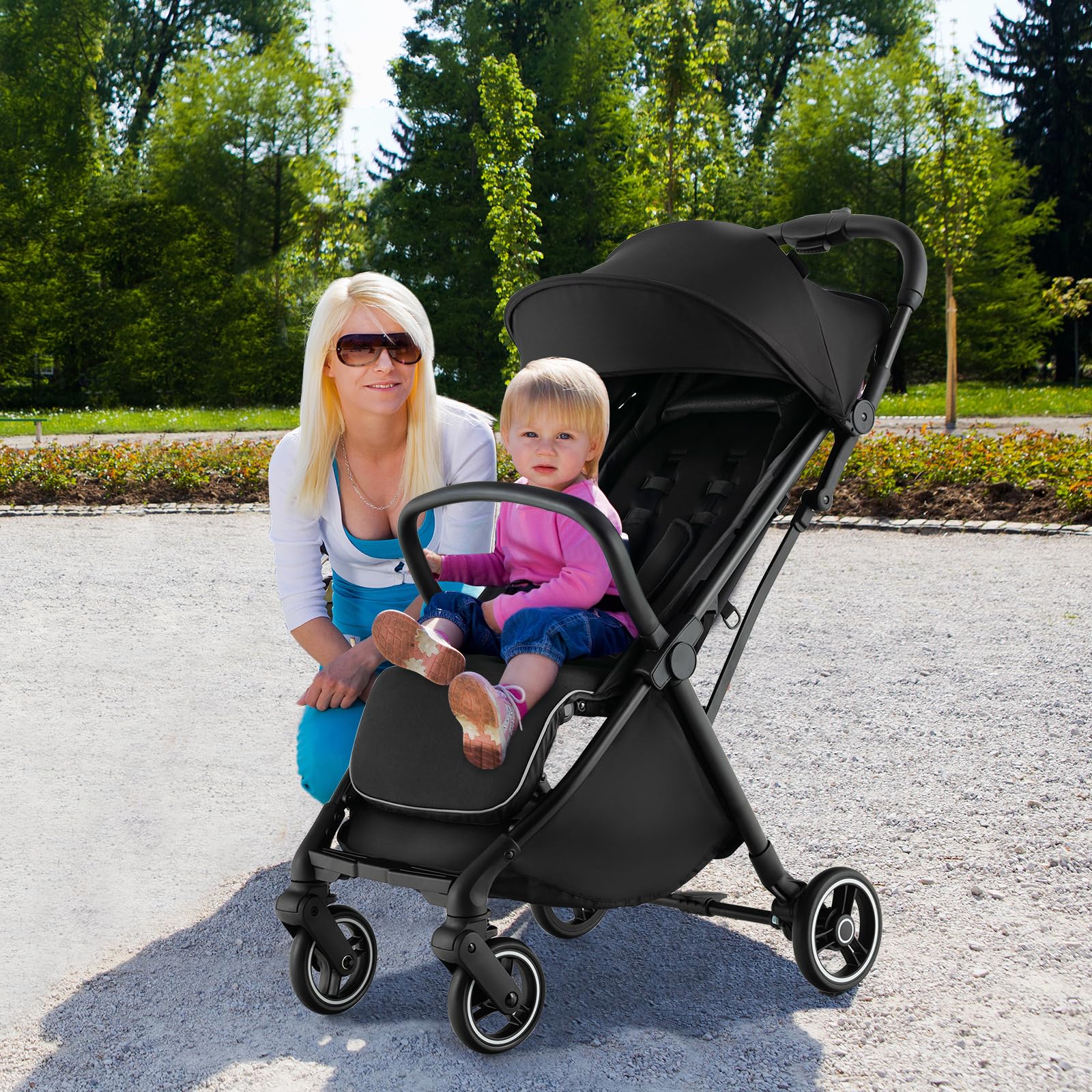 **HONEY JOY Lightweight Baby Stroller - Compact Travel Stroller for Airplane, Fits Cabin & Overhead Bins | One-Hand Gravity Fold, Self-Standing Toddler Stroller with Adjustable Backrest & Canopy (Black) | Perfect for Air Travel, Shopping, and Daily Walks**