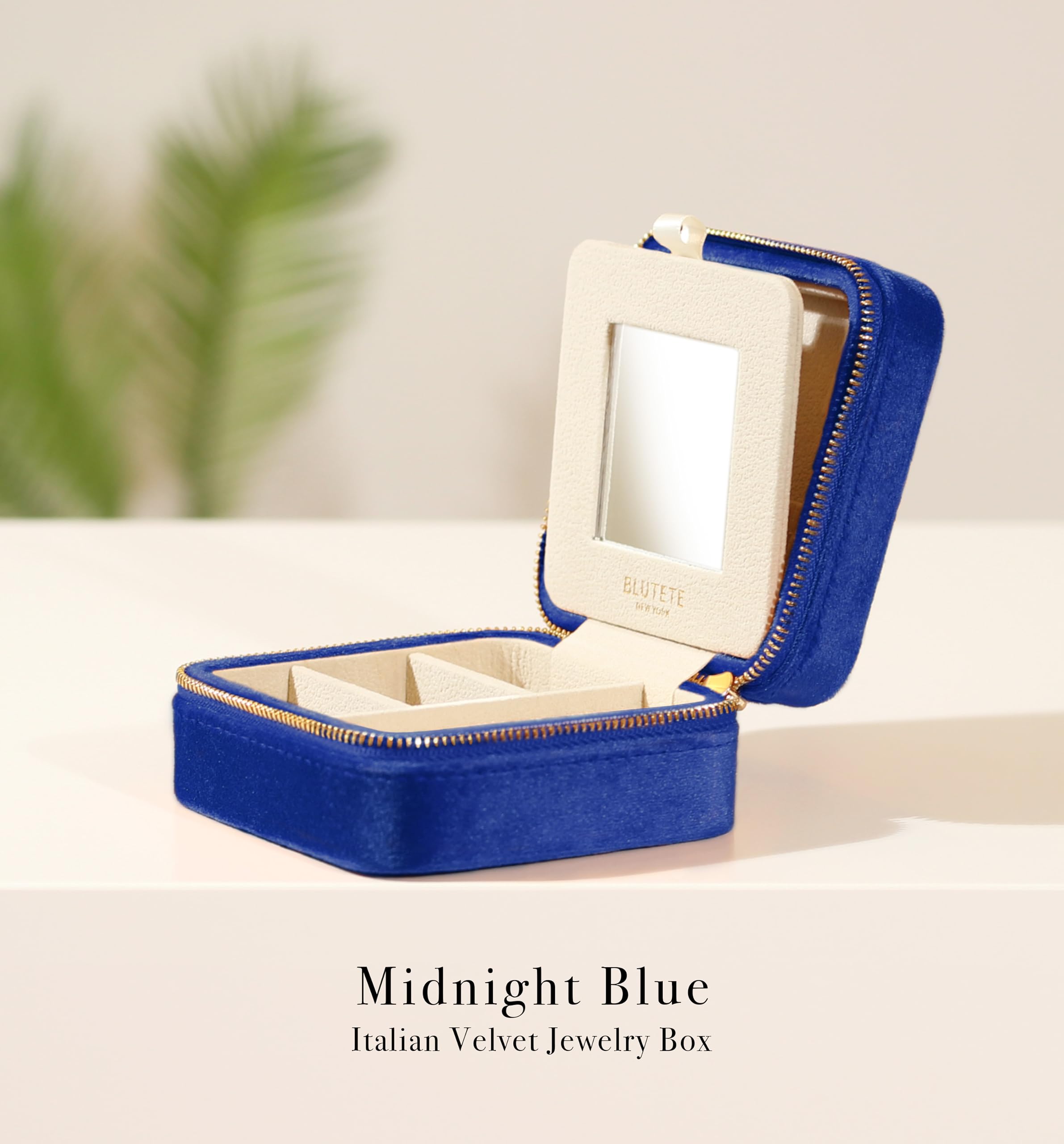 BLU TETE Velvet Travel Jewelry Organizer Box with Mirror - Portable Jewelry Case for Rings, Earrings & Necklaces - Compact Storage for Travel, Home & Gifts (Midnight Blue)