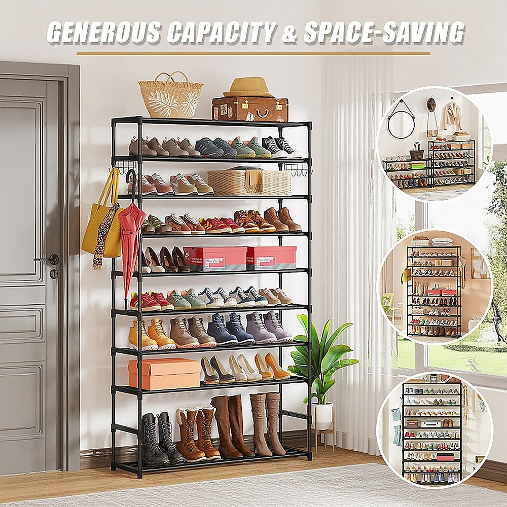 10-Tier Black Metal Shoe Rack Organizer - Large Capacity Storage for 50 Pairs of Shoes - Perfect for Closet, Entryway, and Bedroom Organization