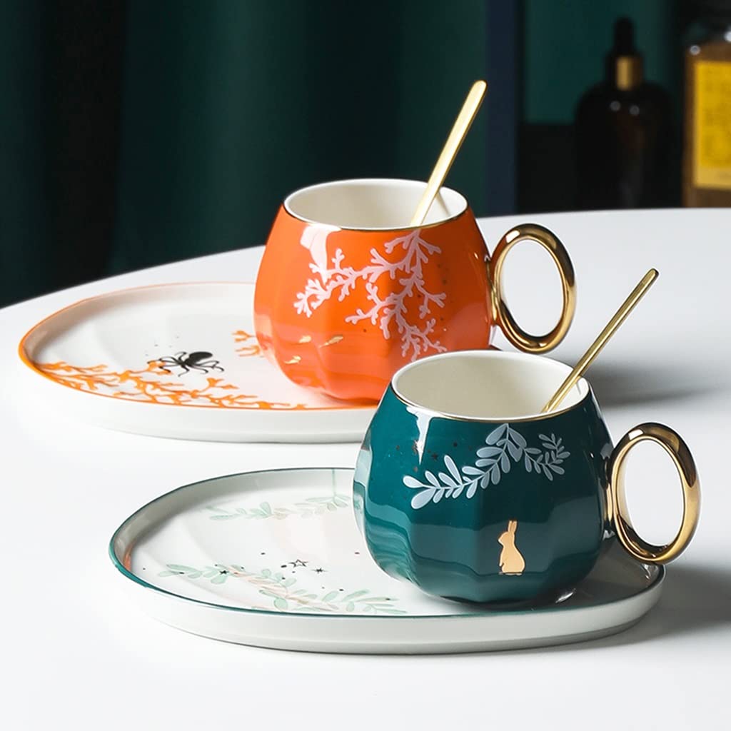 Vintage Ceramic Flower Tea Cup and Saucer Set with Gold Trim - 11.3oz Porcelain Coffee Cup Set, British Style Tea Cup, Espresso Mug - Perfect for Afternoon Tea, Coffee Break & Gift Giving (Orange)