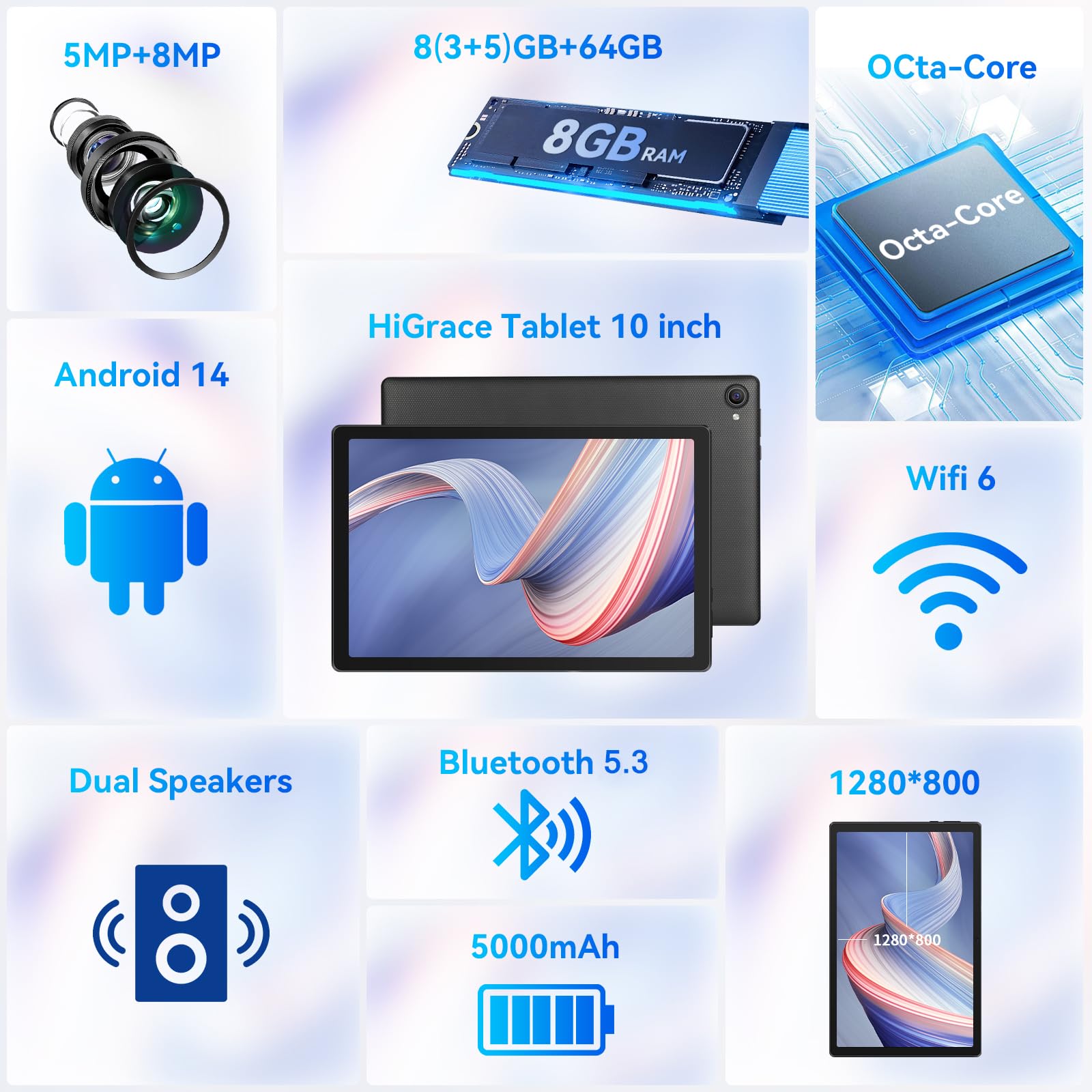 10 Inch Android 14 Tablet - Octa-Core Processor, 64GB Storage (Expandable to 1TB), Dual Camera (5MP+8MP), WiFi 6 & Bluetooth - High Performance Black Tablet for Work, Study & Entertainment