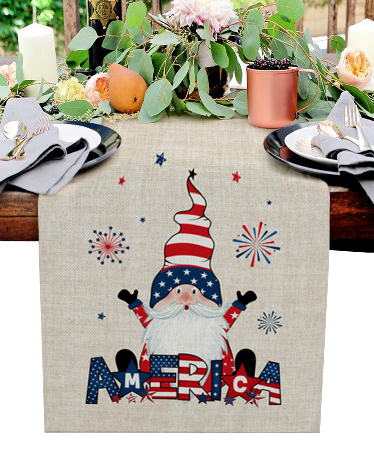 108 Inch Cotton Linen Table Runner - American Flag Patriotic Tablecloth for 4th of July Decor, Dining Table & Kitchen Decorations | Perfect for Independence Day Parties, Bedroom Dresser Scarves & Holiday Home Decor