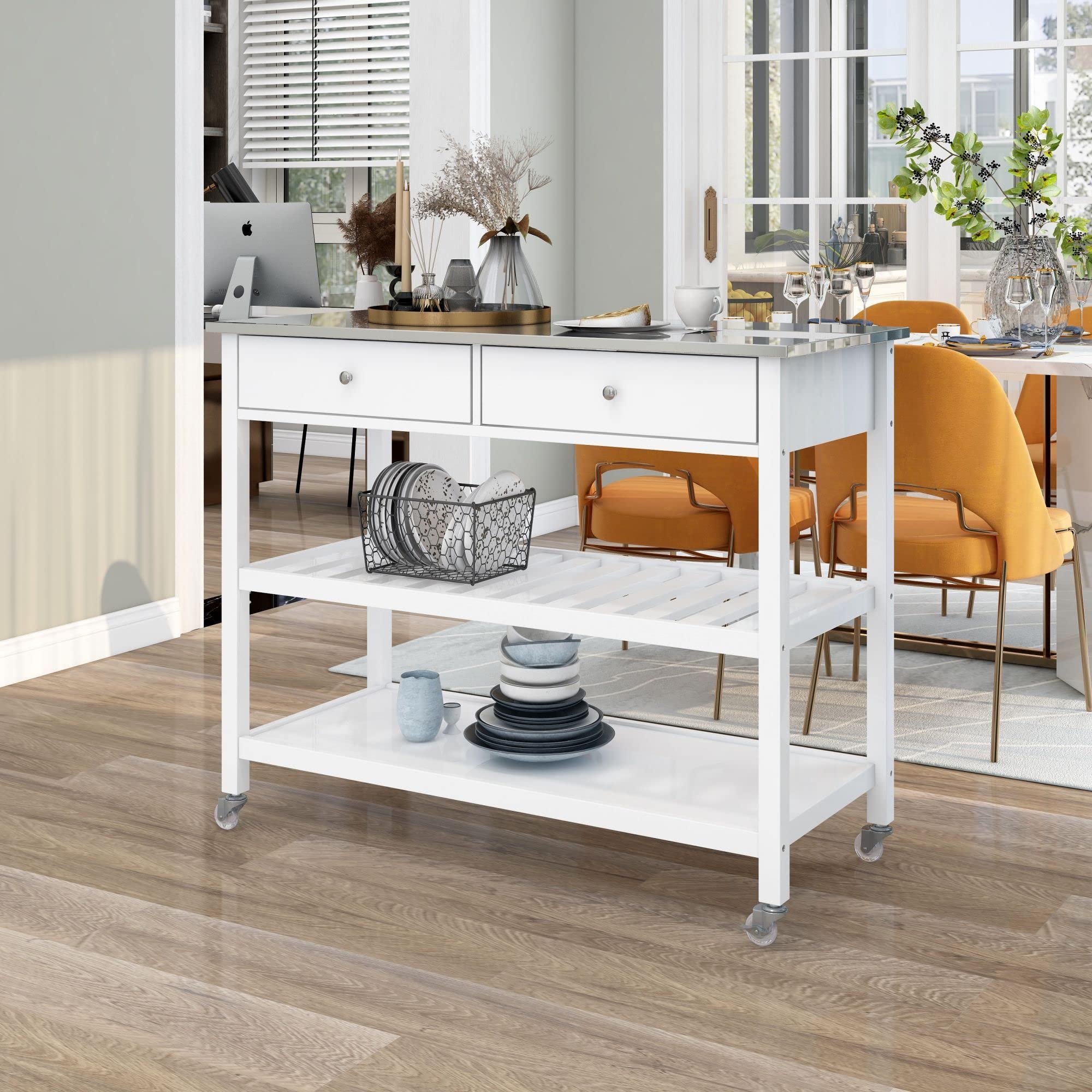Modern Rolling Kitchen Island Cart with 2 Open Shelves & 2 Drawers - Stainless Steel Top & Wheels - Easy Assembly (White) - Perfect for Small Kitchens, Food Prep & Mobile Serving