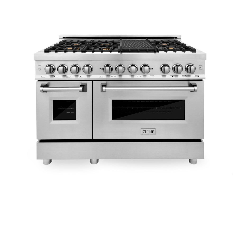 ZLINE 48-inch 6.0 cu. ft. Stainless Steel Dual Fuel Range with Gas Cooktop & 2 Electric Ovens - Brass Burners (RA BR 48) for Professional Home Kitchens & Gourmet Cooking