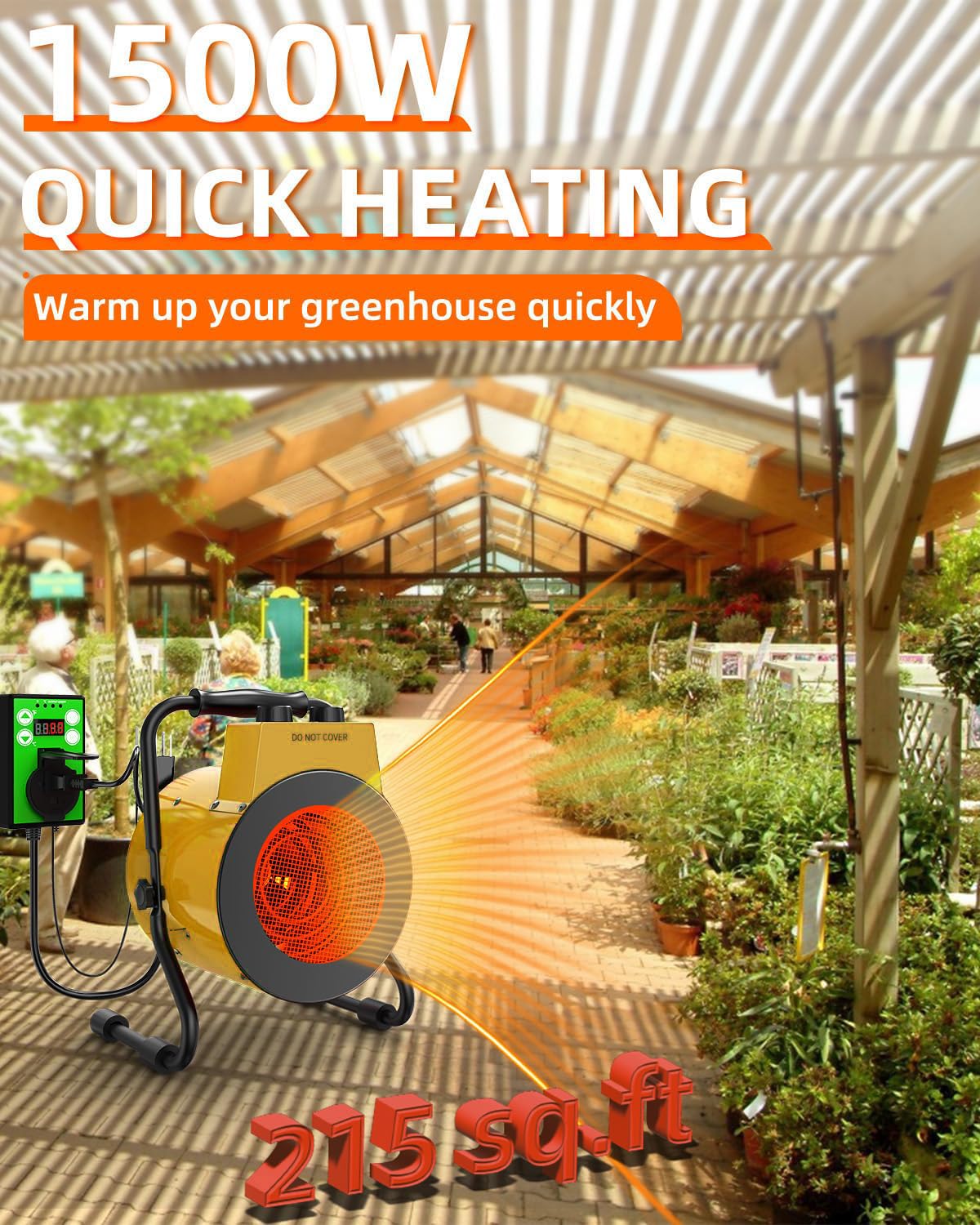 Buyplus 1500W Greenhouse Heater with Digital Thermostat - Outdoor Electric Space Heater for Patio, Garage & Greenhouse - Fast 3S Heating with Overheat Protection - Perfect for Winter Gardening, Plant Protection & Indoor/Outdoor Heating