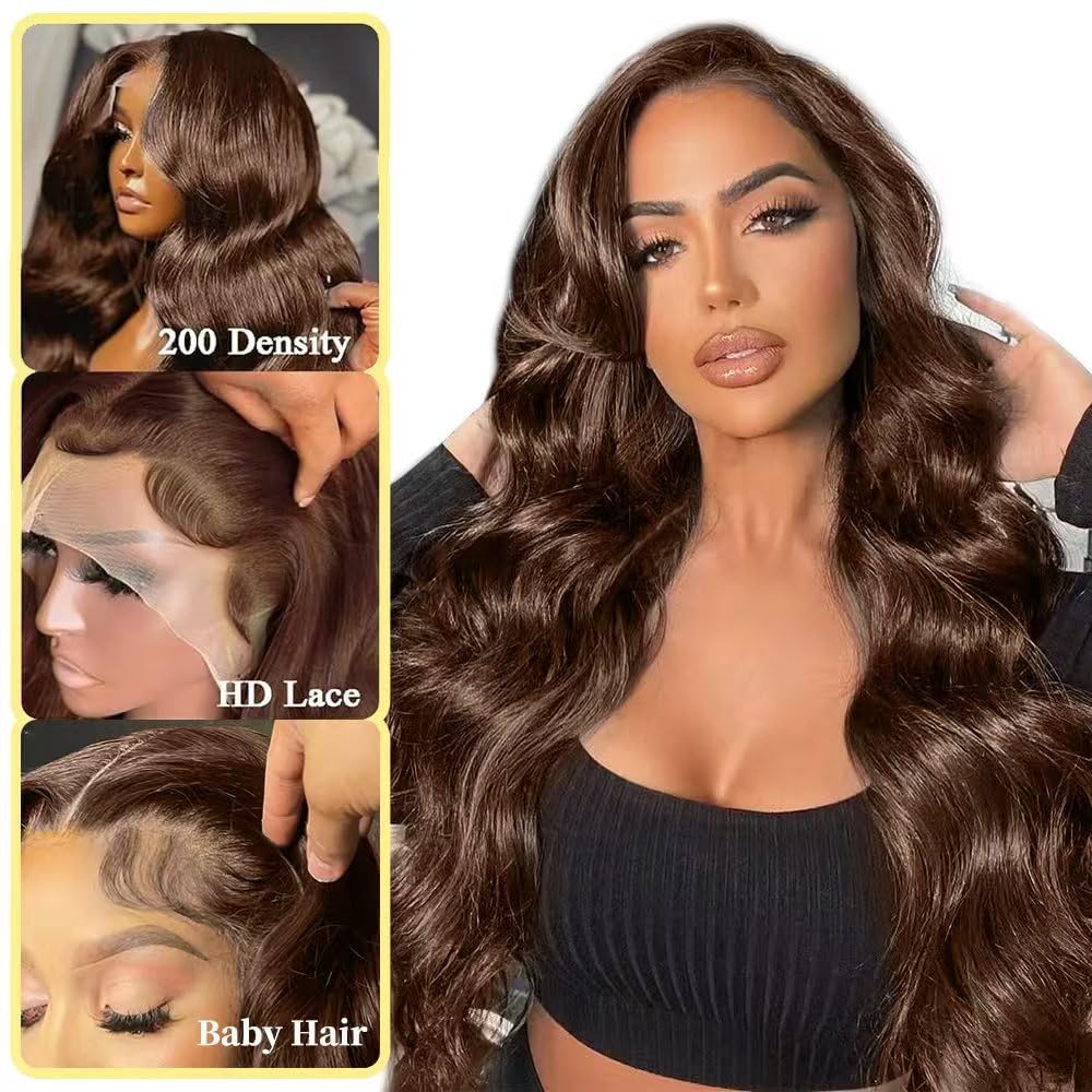 200 Density Chocolate Brown 30 Inch 13x6 HD Lace Front Human Hair Wig - Glueless Body Wave with Pre-Plucked Natural Hairline for Women | Perfect for Daily Wear, Cosplay, and Special Occasions