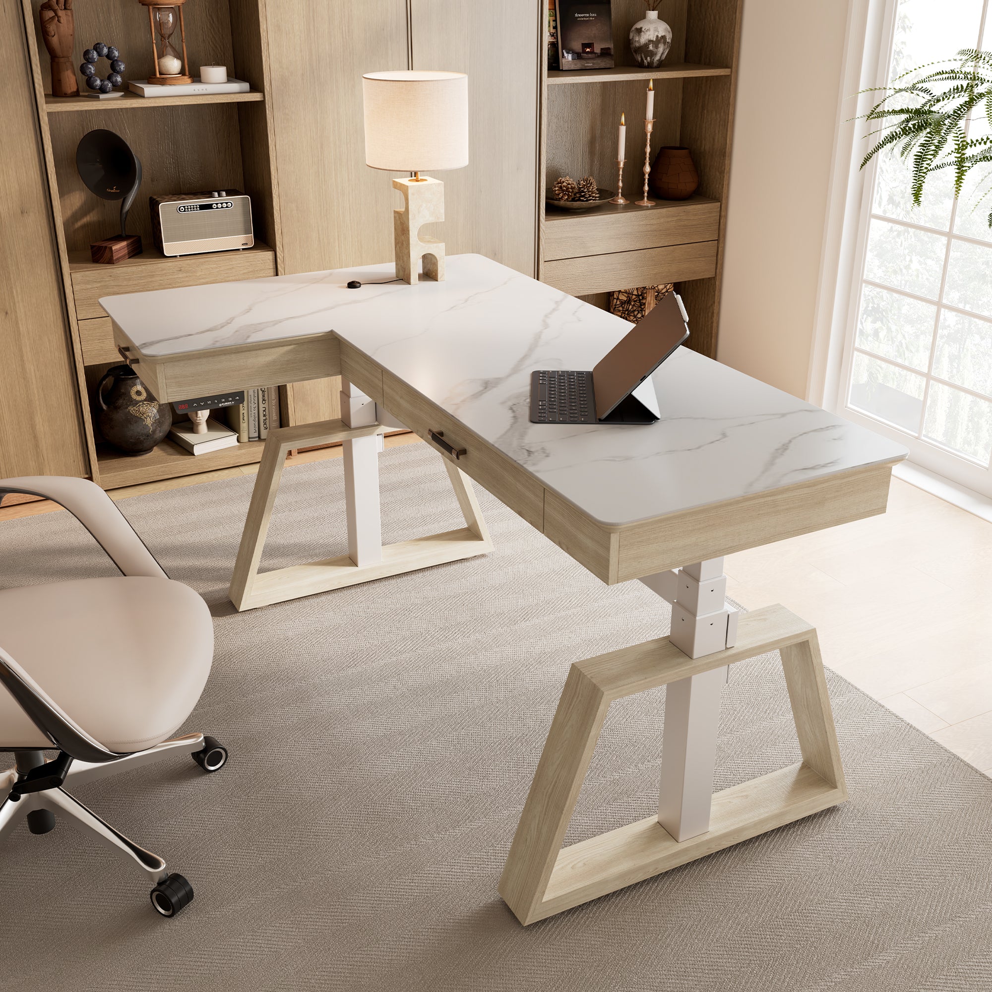 Premium L-Shaped Standing Desk with Sintered Stone Top - Ergonomic Adjustable Height Home Office Desk for Work, Gaming & Study - Perfect for Small Spaces & Corner Setups