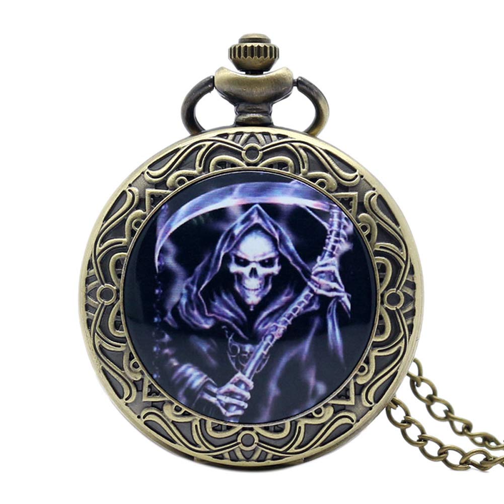 Vintage Bronze Death-Themed Pocket Watch with Chain Necklace - Gothic Steampunk Retro Style Men's Gift for Collectors & Fashion Accessories (Perfect for Cosplay, Historical Reenactments & Unique Gifts)