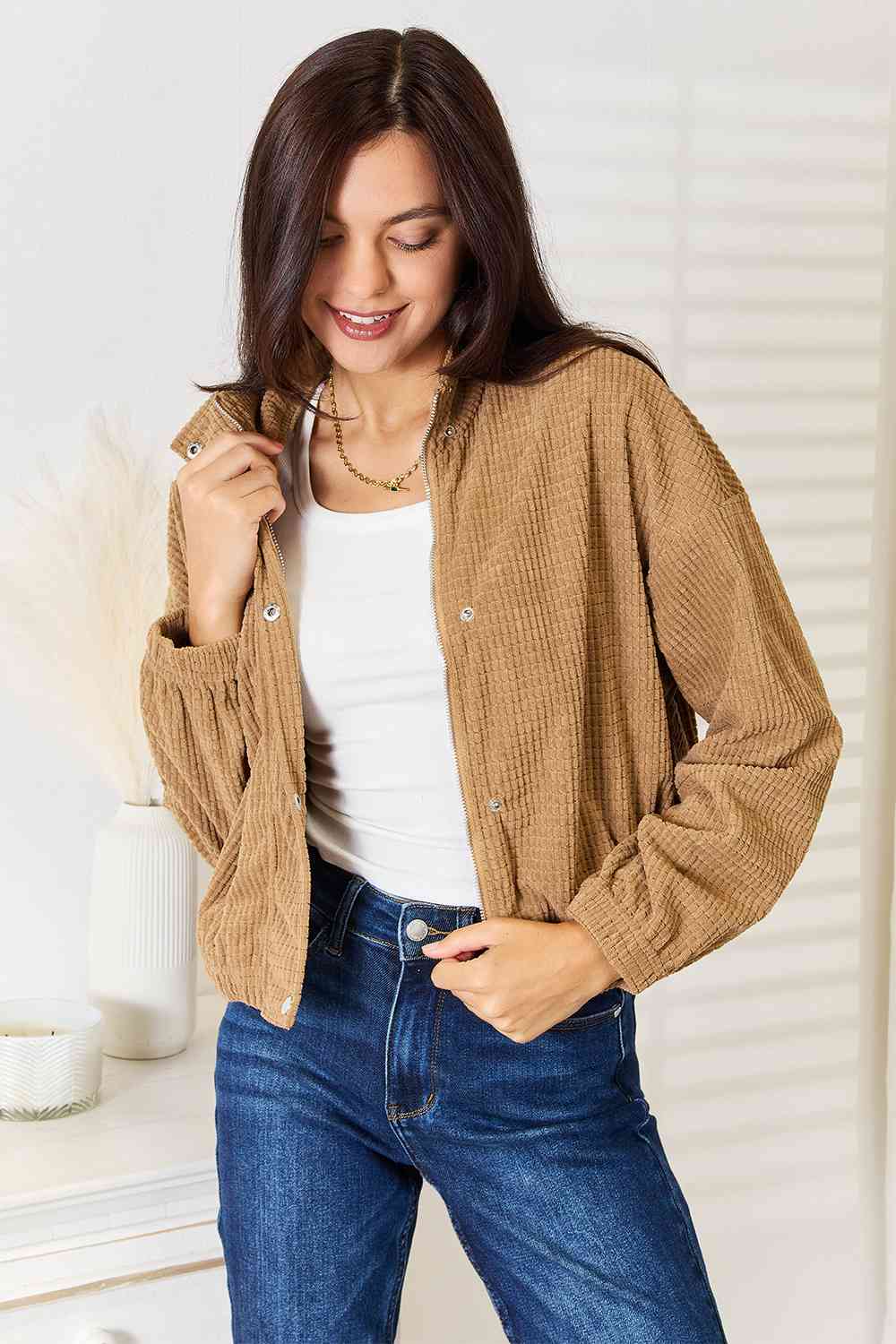 Camel Long Sleeve Dropped Shoulder Jacket for Women - Cozy Fall & Winter Outerwear - Perfect for Casual Outings, Travel & Street Style