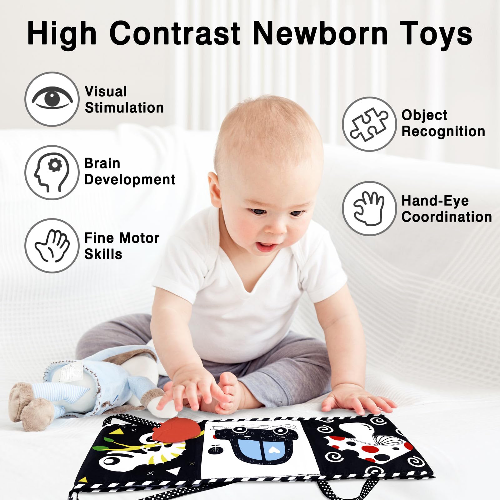 Black and White High Contrast Baby Toys for Newborns 0-6 Months - Soft Sensory Book & Tummy Time Toys for Visual Stimulation, Brain Development & Montessori Learning - Perfect Infant Gift (Elephant Design) for Nursery, Playtime & Early Education