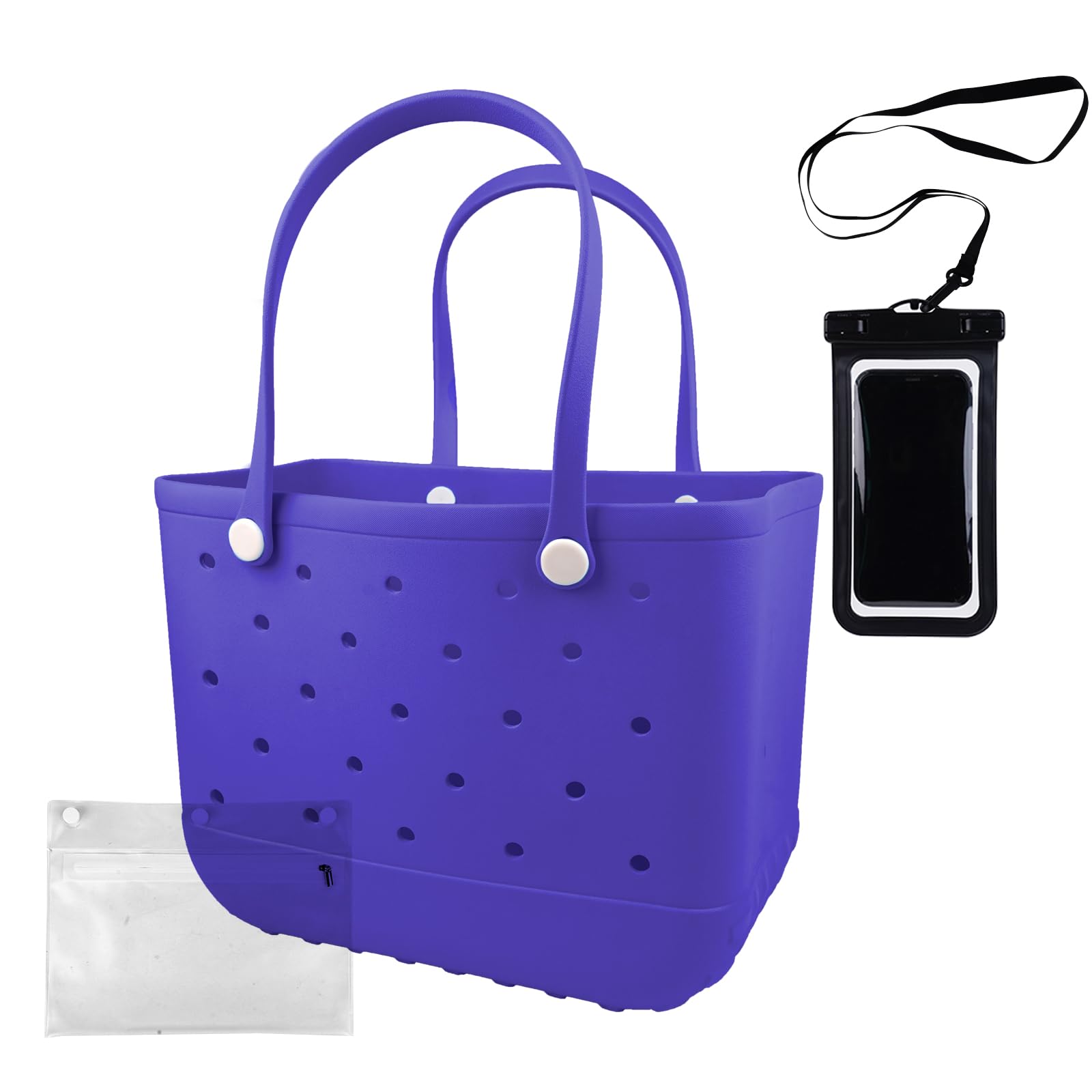 Waterproof Rubber Beach Tote Bag with Zipper Pocket & Phone Pouch - Durable Washable Open Purse for Women - Perfect for Pool, Boat, Beach Vacation & Summer Travel Accessories