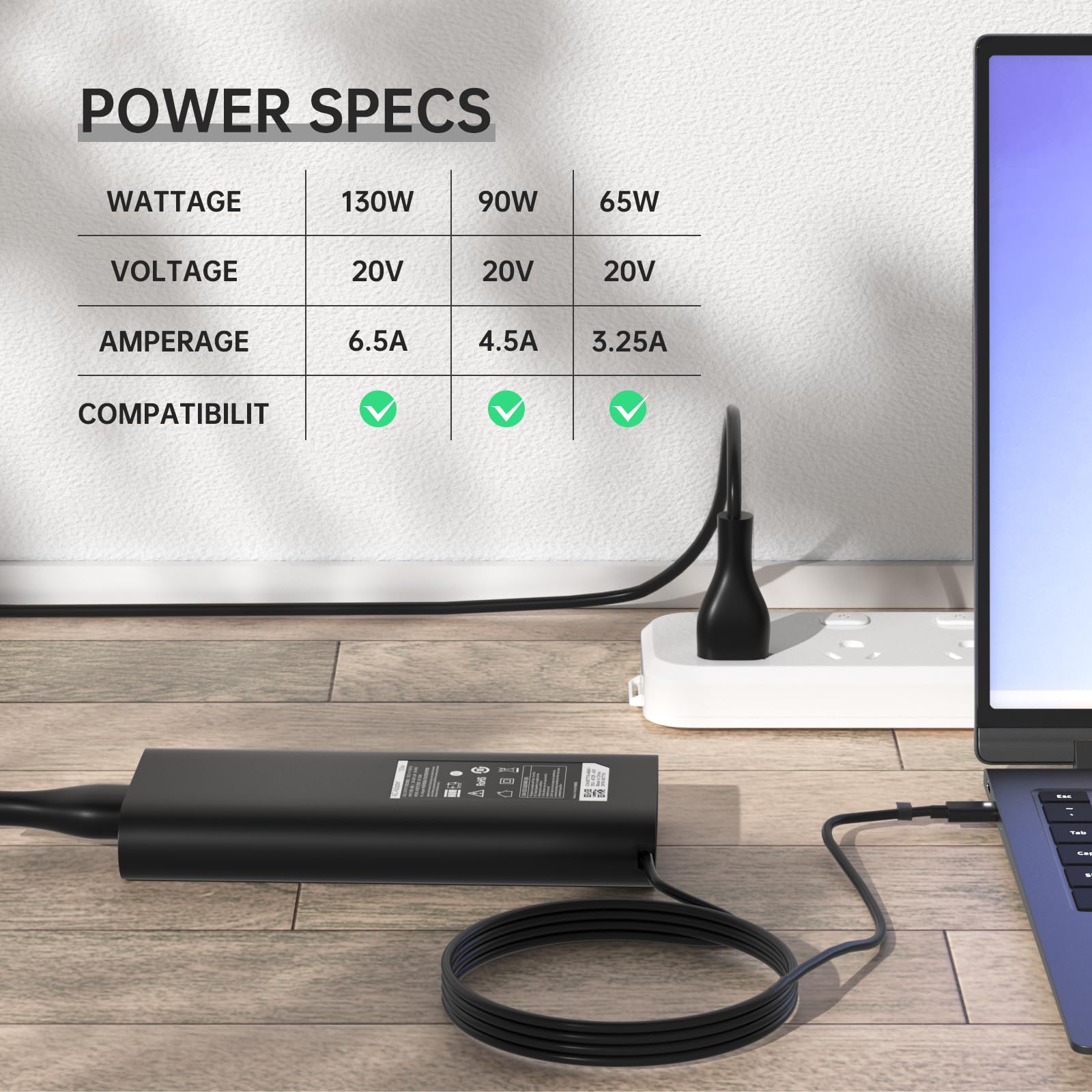 130W USB C Laptop Charger for Dell XPS 15 17 2-in-1, Precision & Latitude Series - 20V 6.5A AC Power Adapter - Perfect for Home, Office & Travel Use