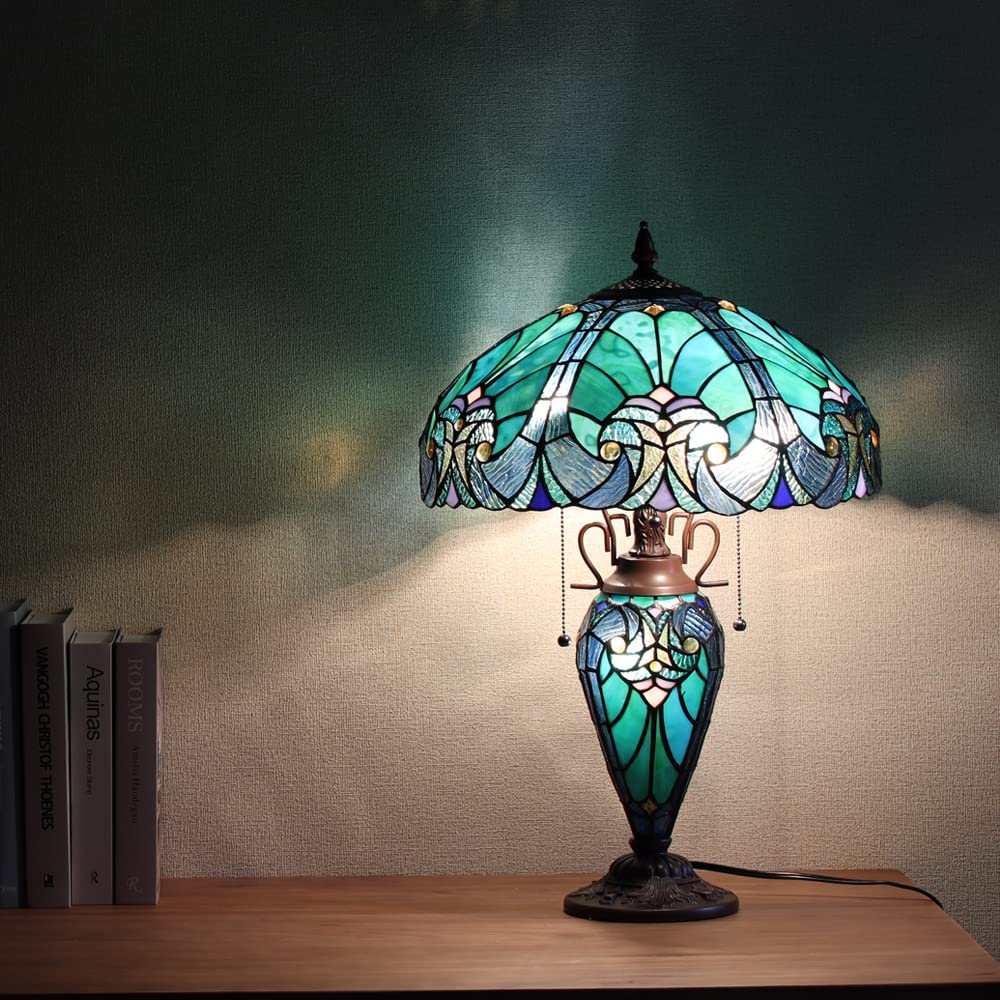 Tiffany Style 16 Inch Stained Glass Table Lamp - Victorian Sea Green Antique Desk Light with Night Light, 3 Bulb Capacity - Perfect for Living Room, Bedroom, and Office Decor