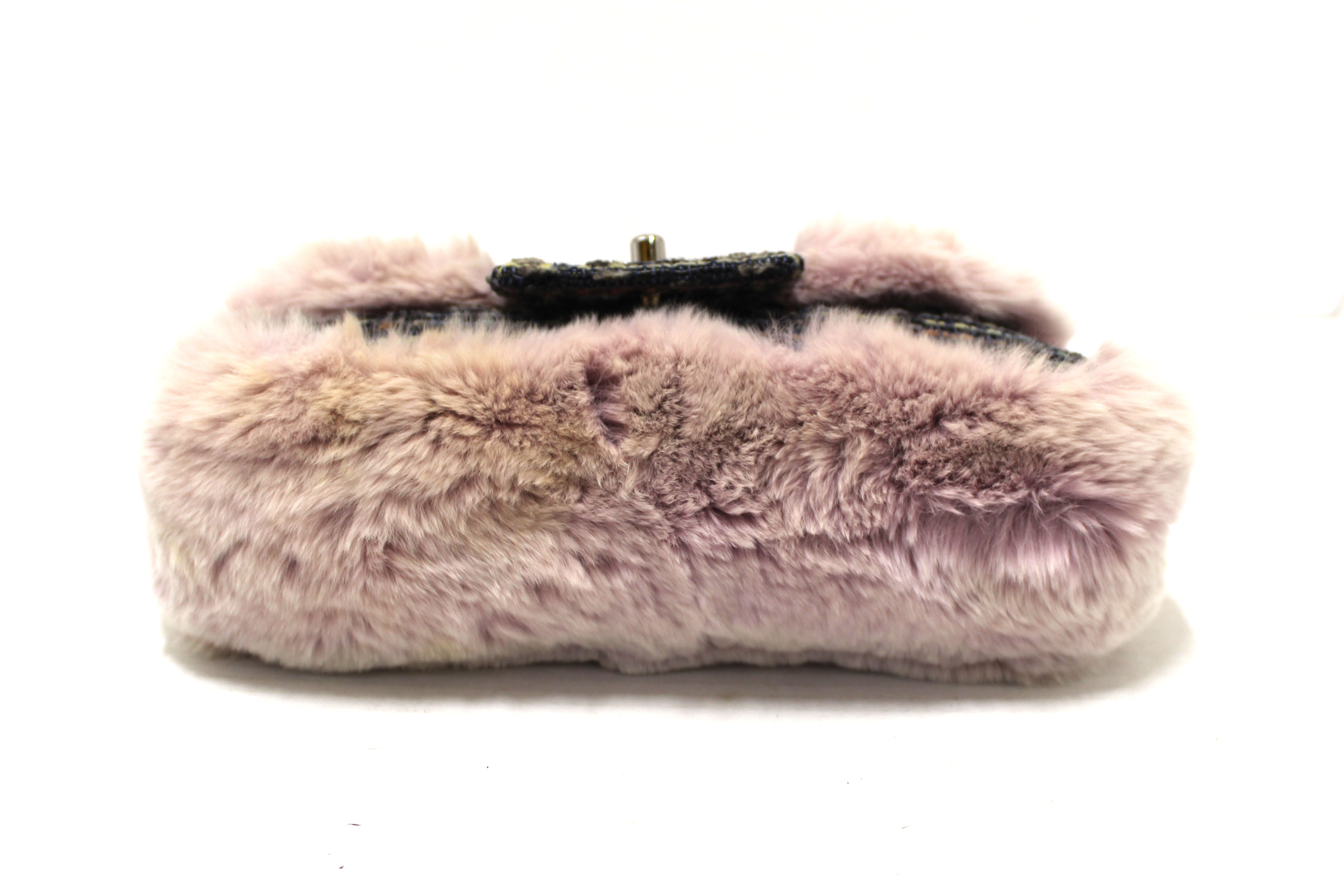 Authentic Vintage Chanel Lilac Purple Fur & Blue Tweed Flap Bag with Chain Shoulder Strap - Luxury Designer Handbag for Women, Perfect for Parties, Weddings & Special Occasions